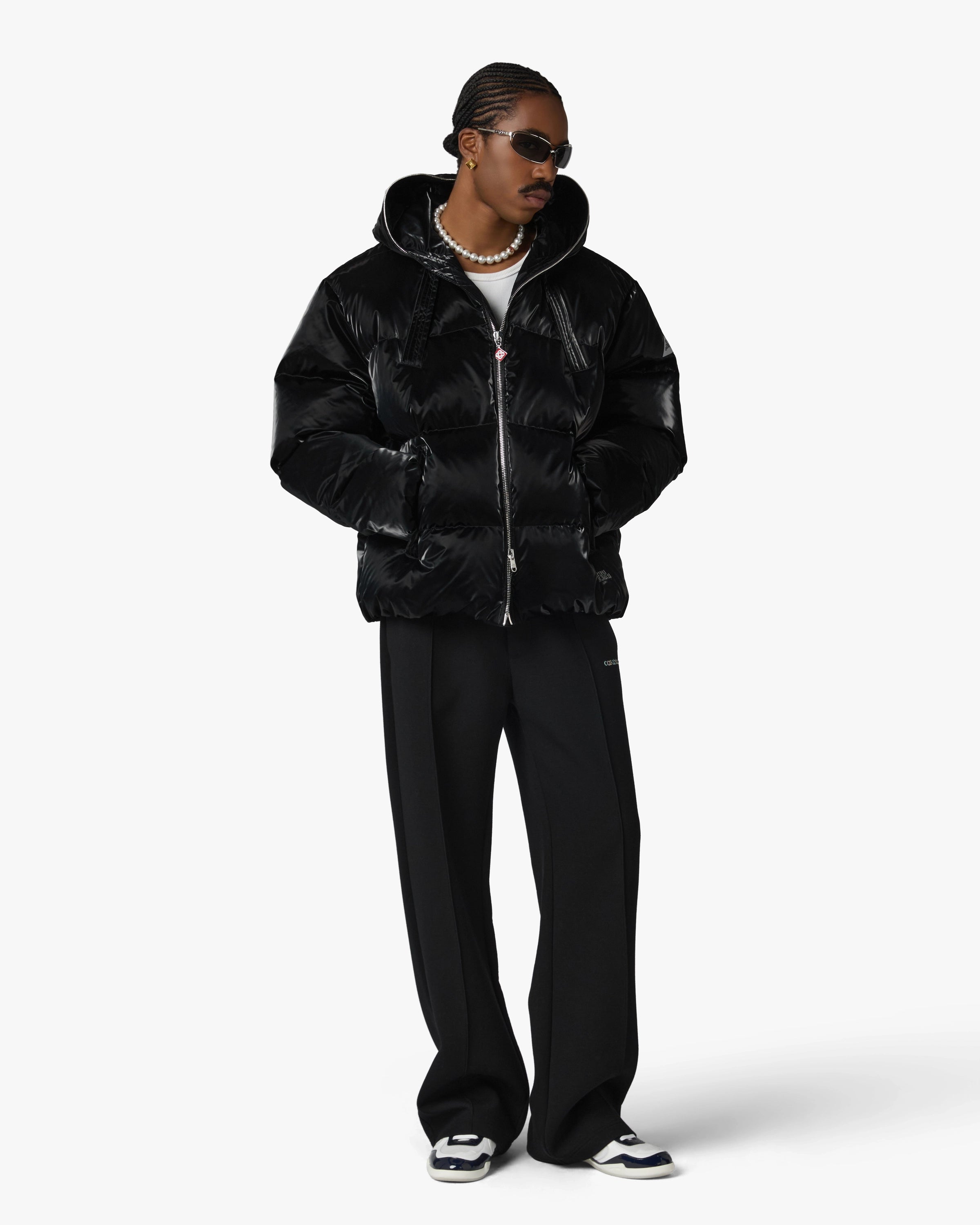 Black Lacquered Nylon Puffer Down Jacket
