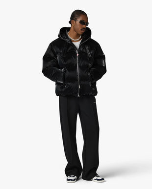 Black Lacquered Nylon Puffer Down Jacket