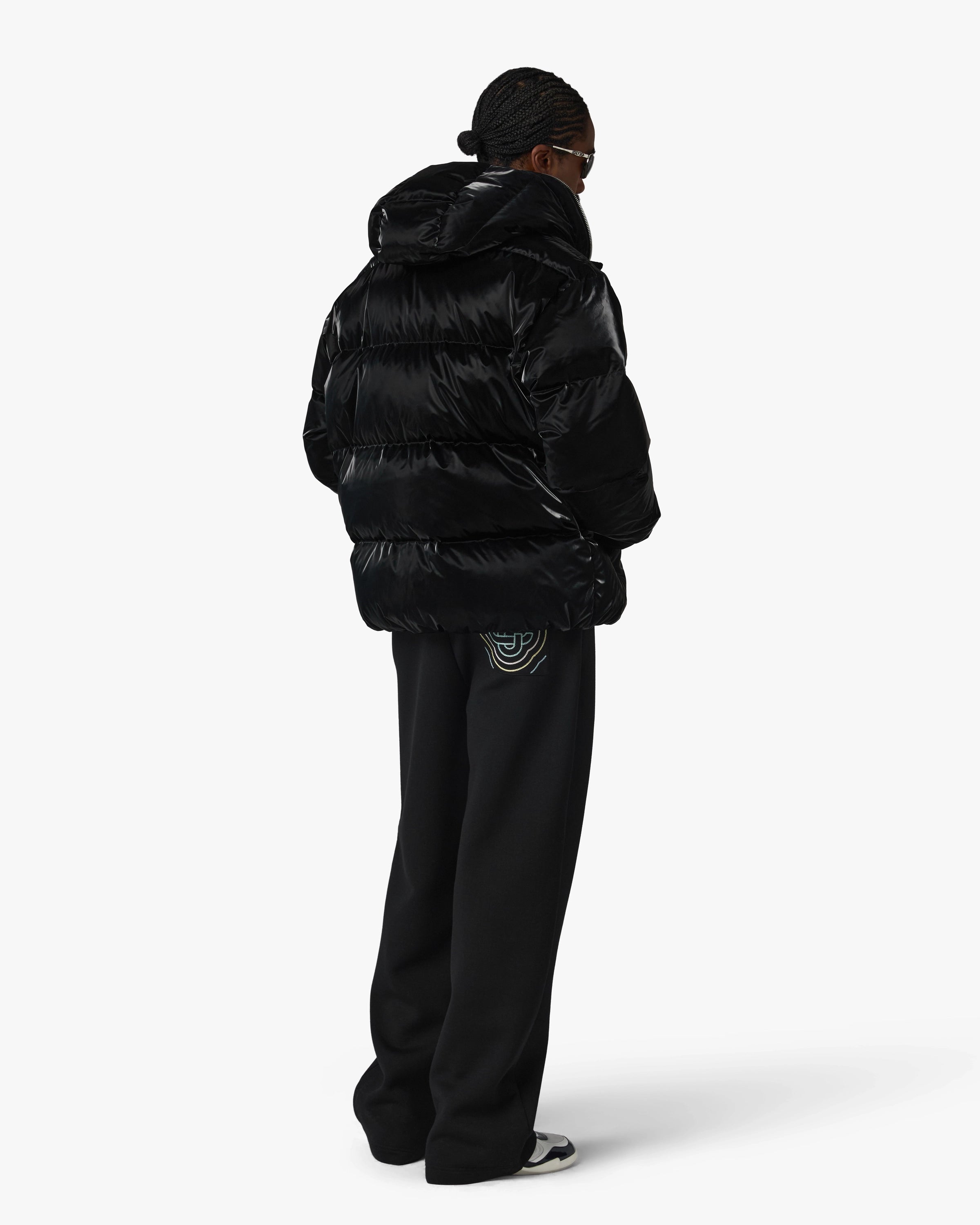 Black Lacquered Nylon Puffer Down Jacket
