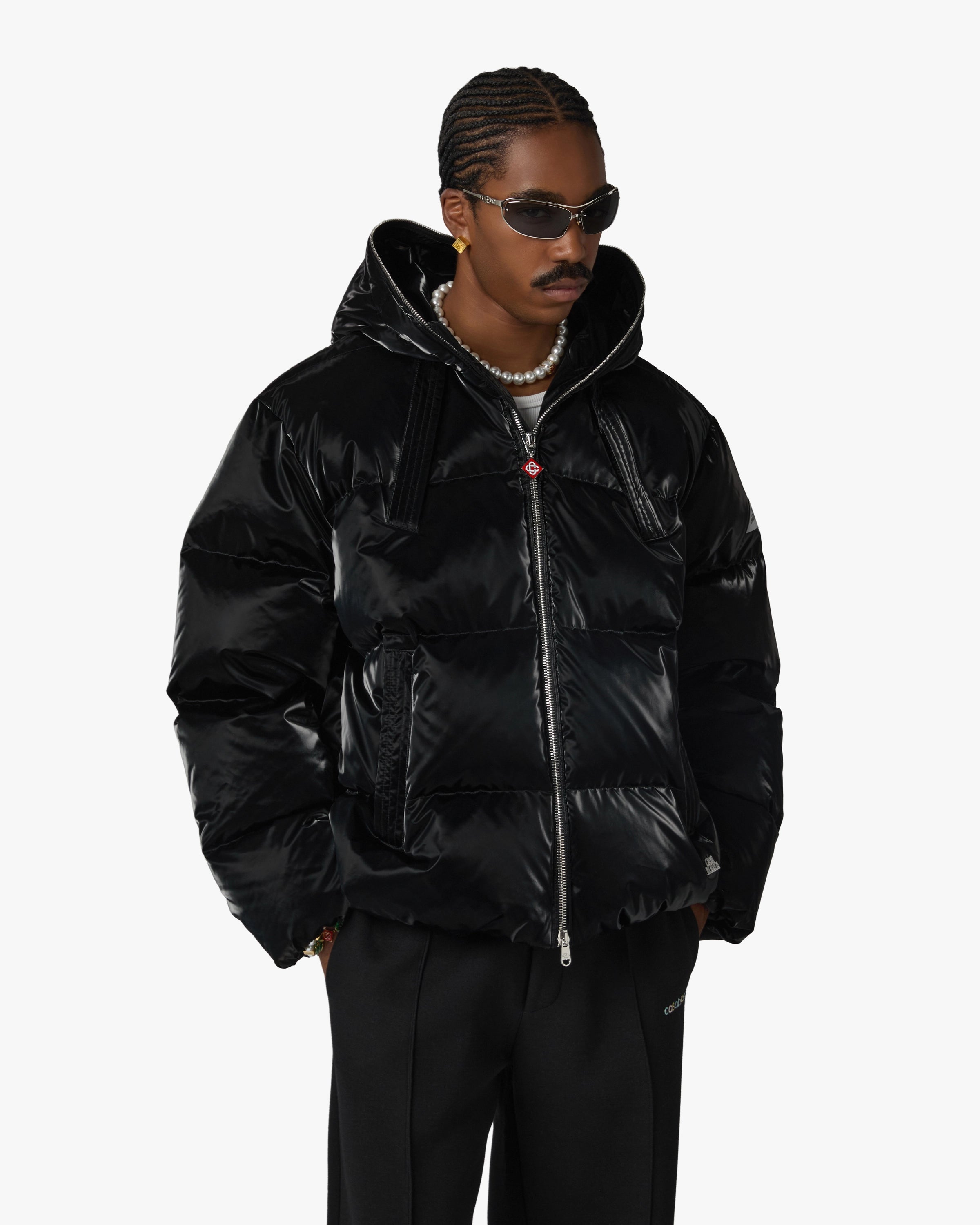 Black Lacquered Nylon Puffer Down Jacket