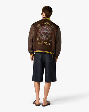 Brown Celestial Pyramid Wool & Leather Varsity Jacket