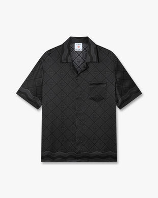 Black Radiating Monogram Short Sleeve Silk Shirt