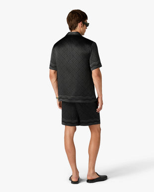 Black Radiating Monogram Short Sleeve Silk Shirt