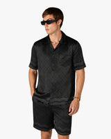 Black Radiating Monogram Short Sleeve Silk Shirt