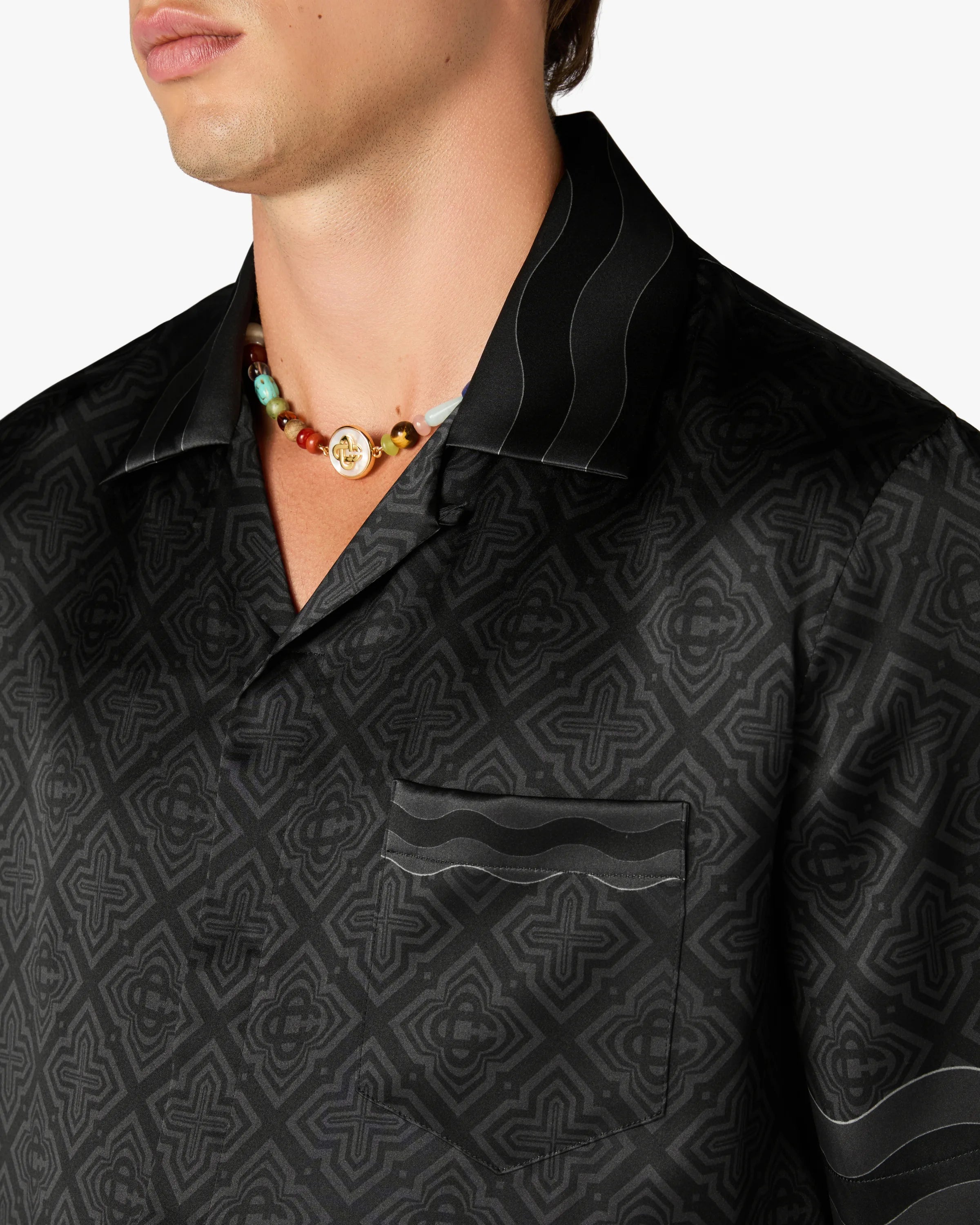 Black Radiating Monogram Short Sleeve Silk Shirt