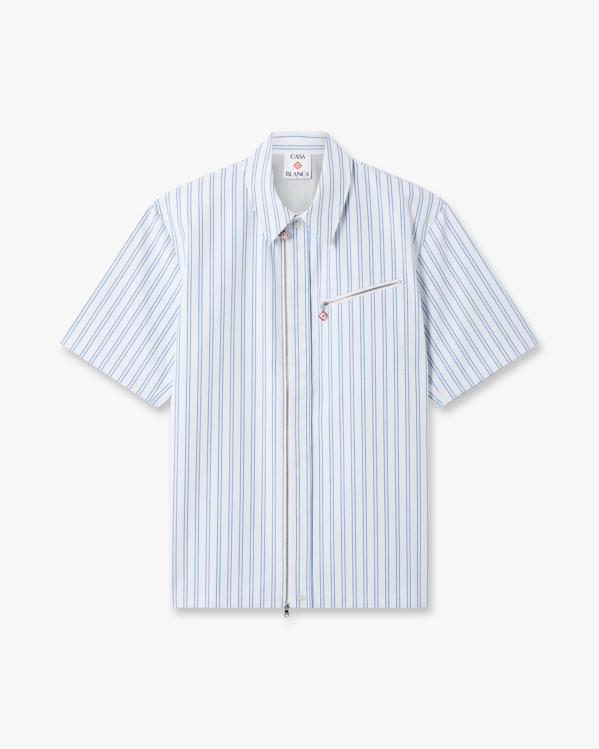 White & Blue Striped Nylon Short Sleeve Shirt