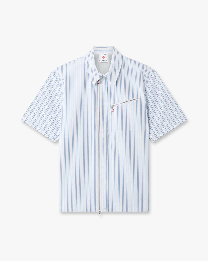 White & Blue Striped Nylon Short Sleeve Shirt