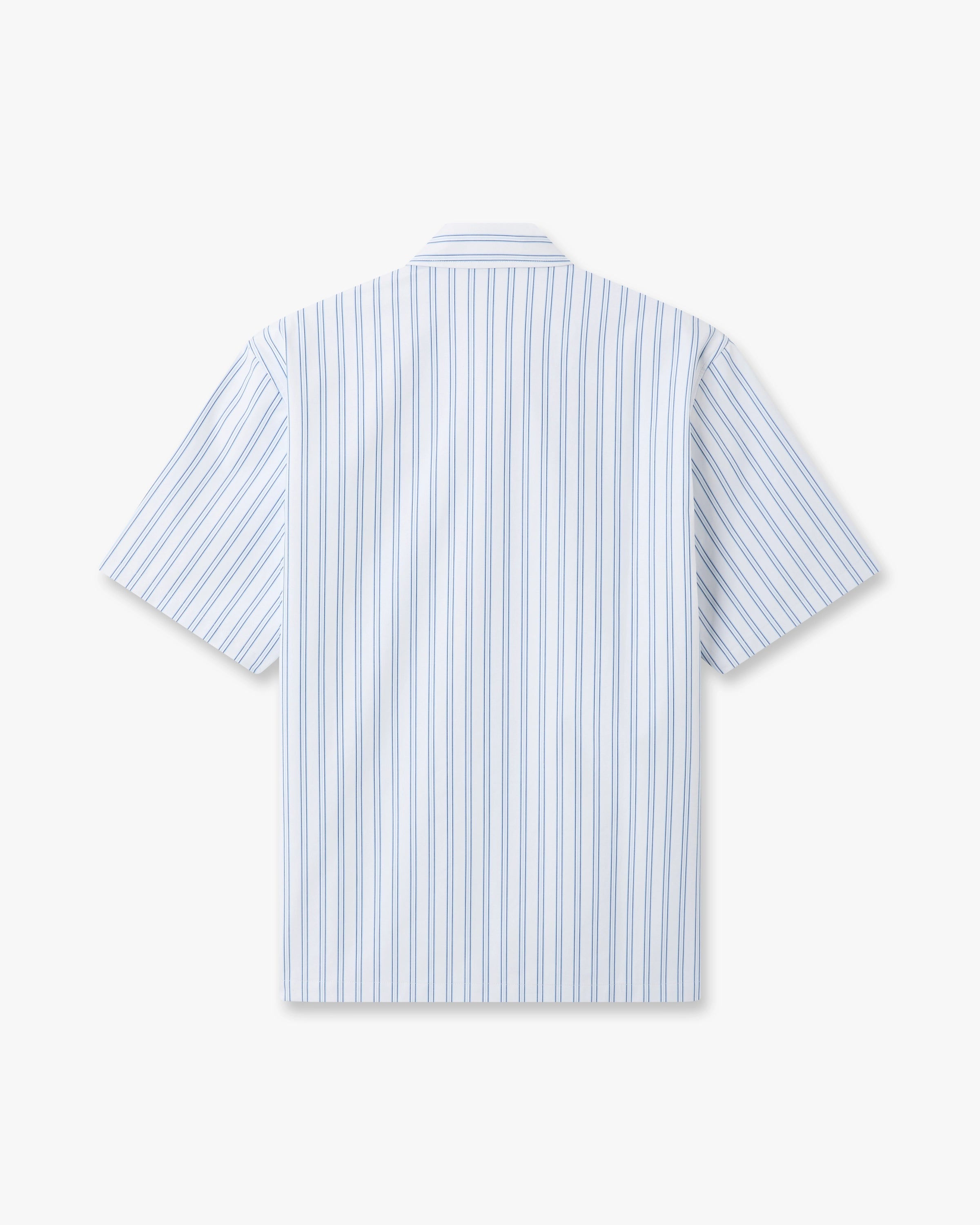 White & Blue Striped Nylon Short Sleeve Shirt