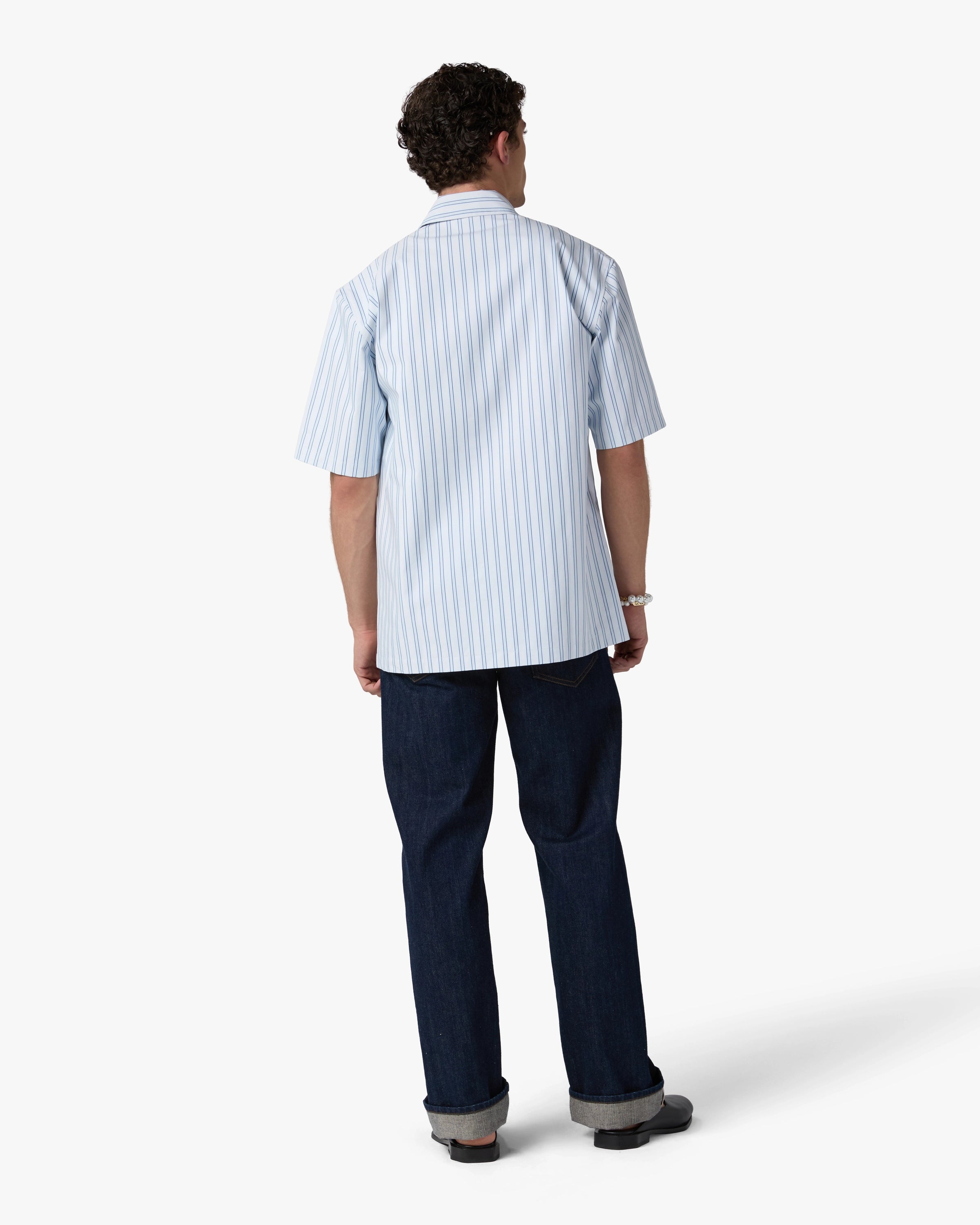 White & Blue Striped Nylon Short Sleeve Shirt