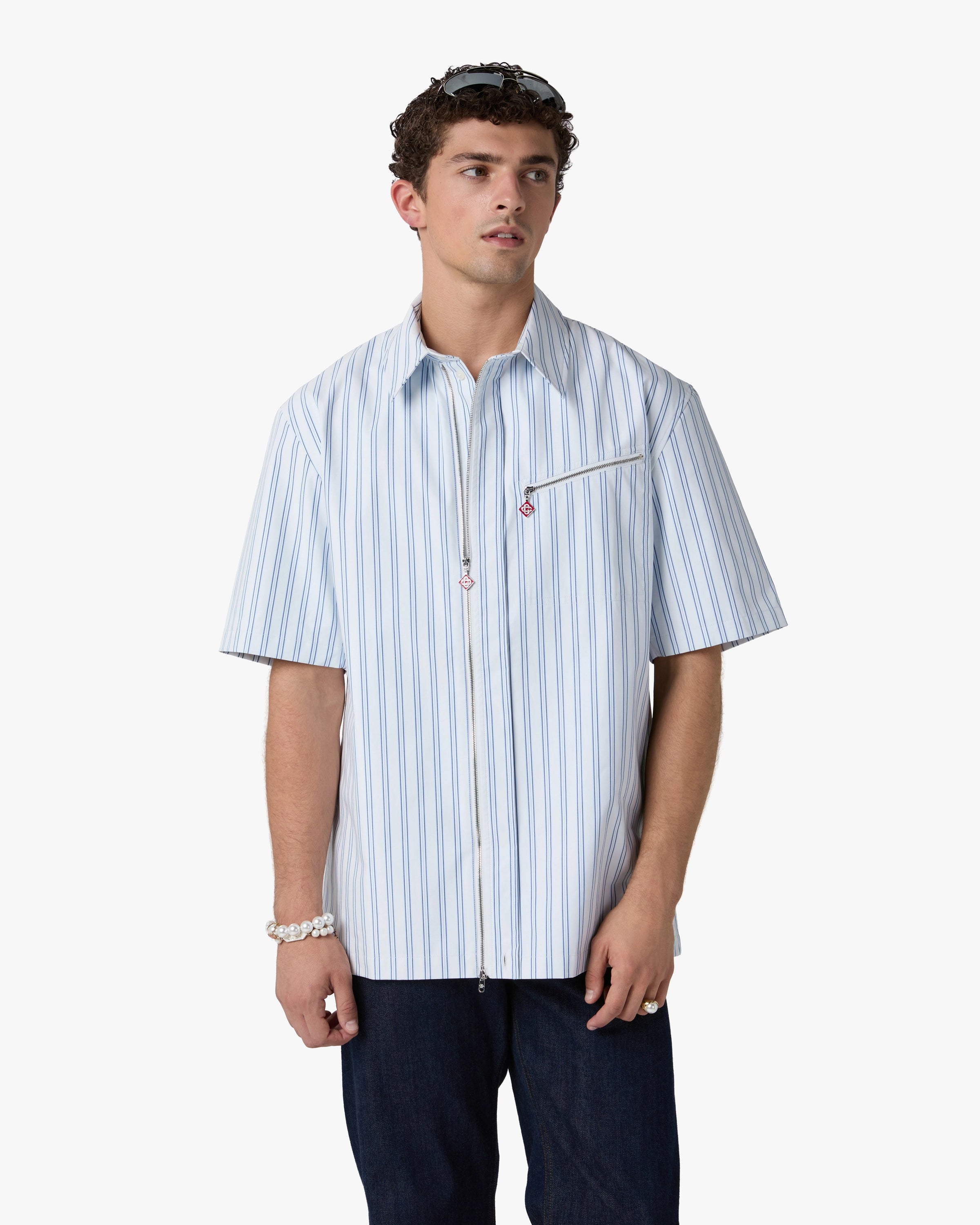 White & Blue Striped Nylon Short Sleeve Shirt