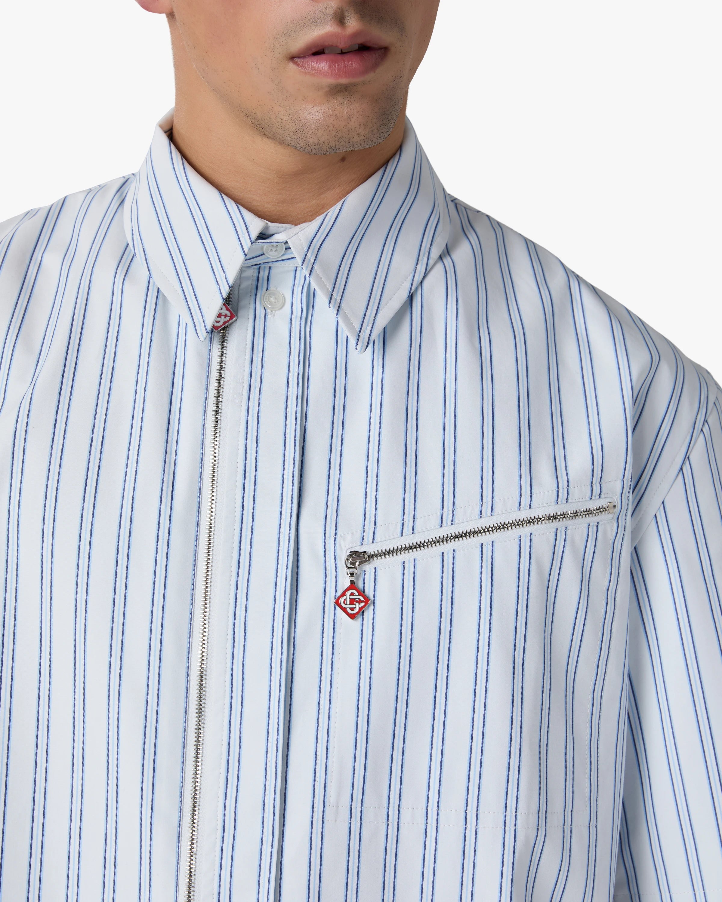 White & Blue Striped Nylon Short Sleeve Shirt
