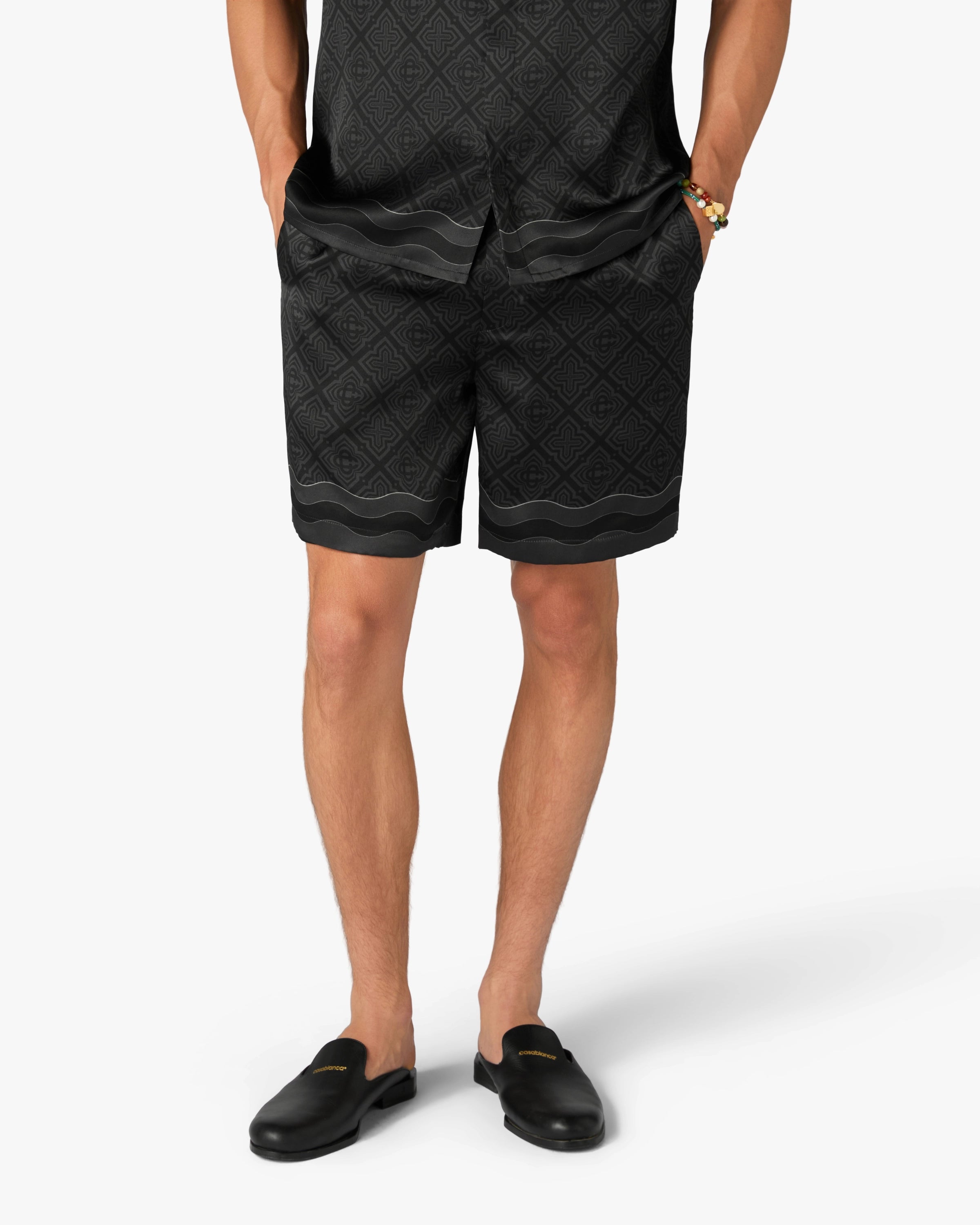 Black Radiating Monogram Silk Shorts
