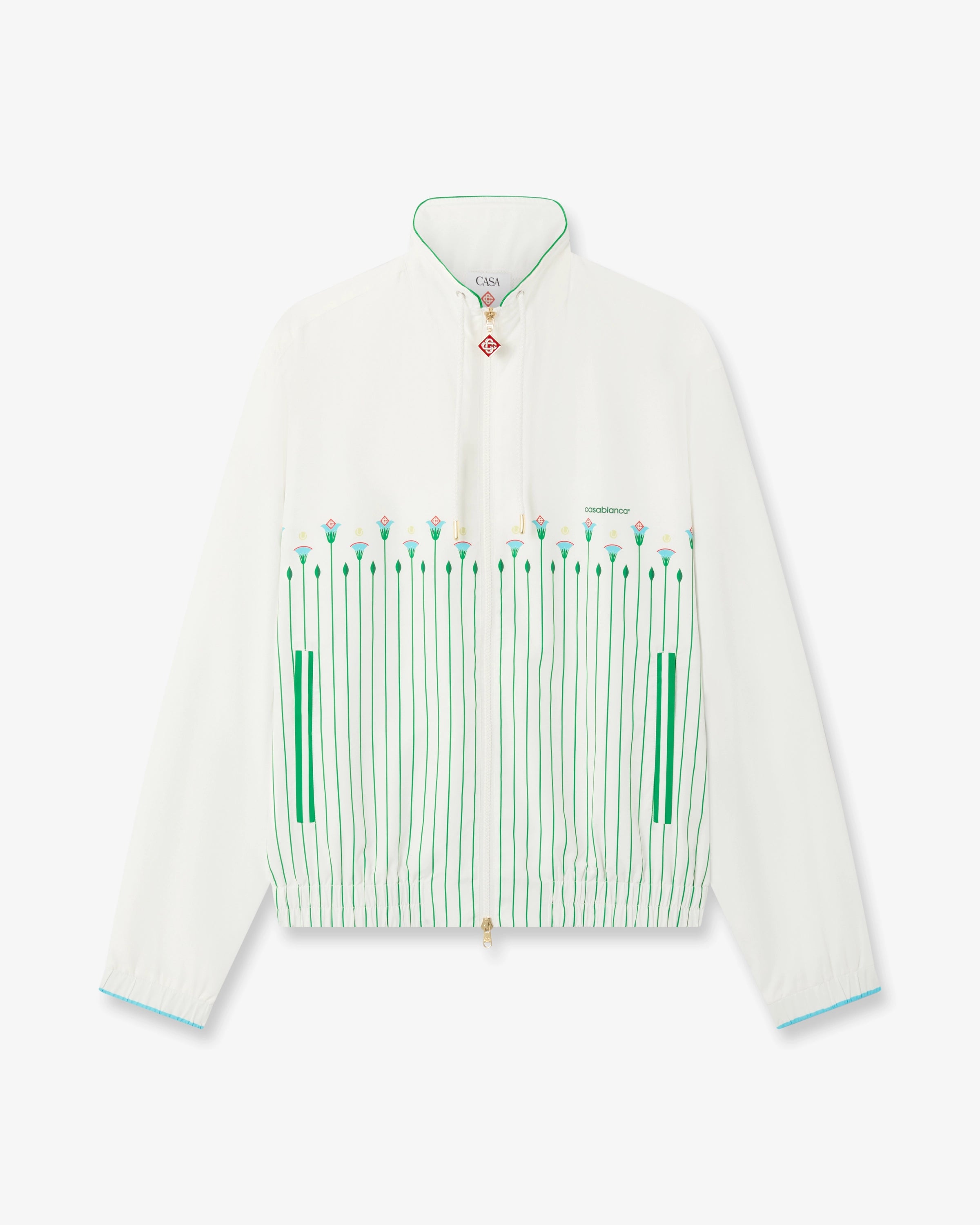 White & Green Floral Striped Sporty Windbreaker Jacket