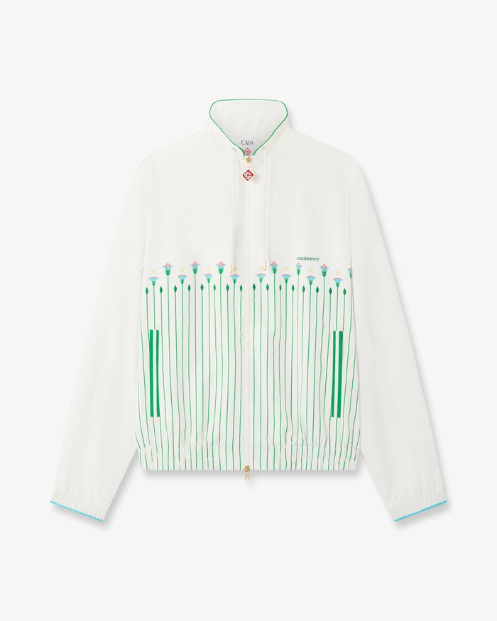 White & Green Floral Striped Sporty Windbreaker Jacket