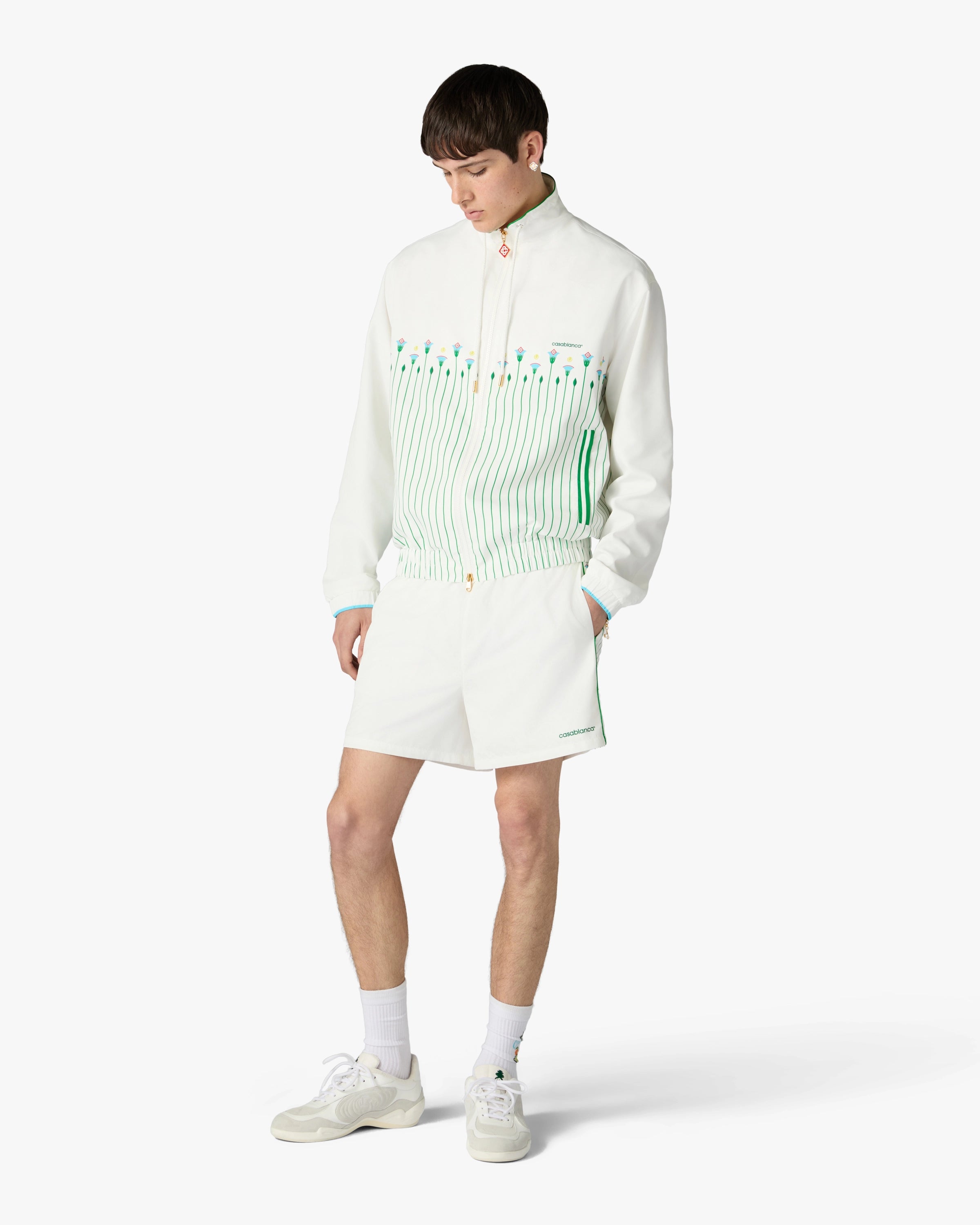 White & Green Floral Striped Sporty Windbreaker Jacket