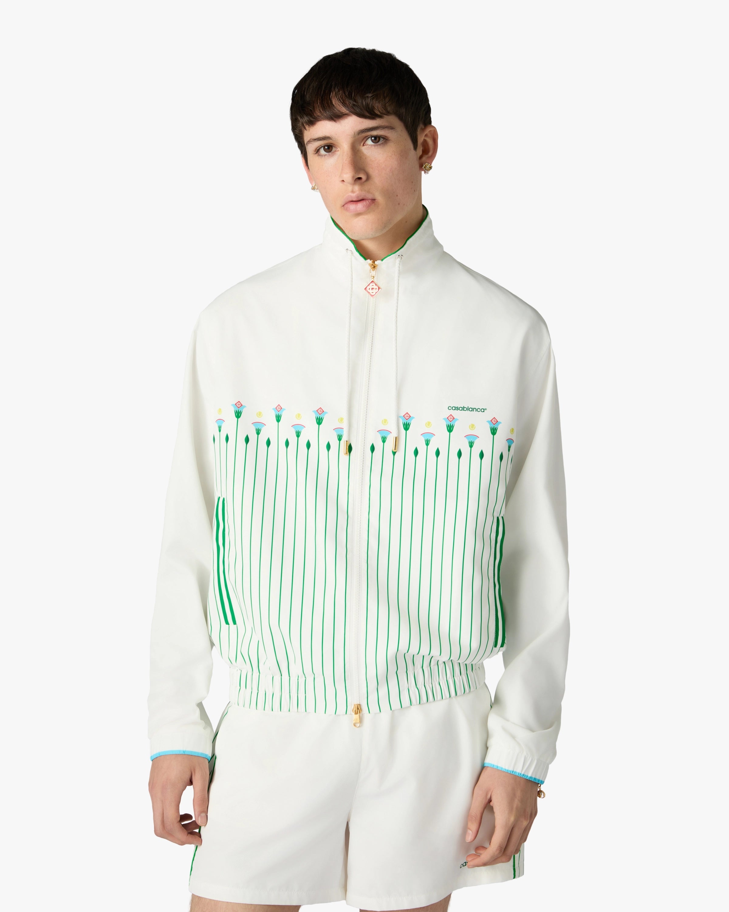 White & Green Floral Striped Sporty Windbreaker Jacket