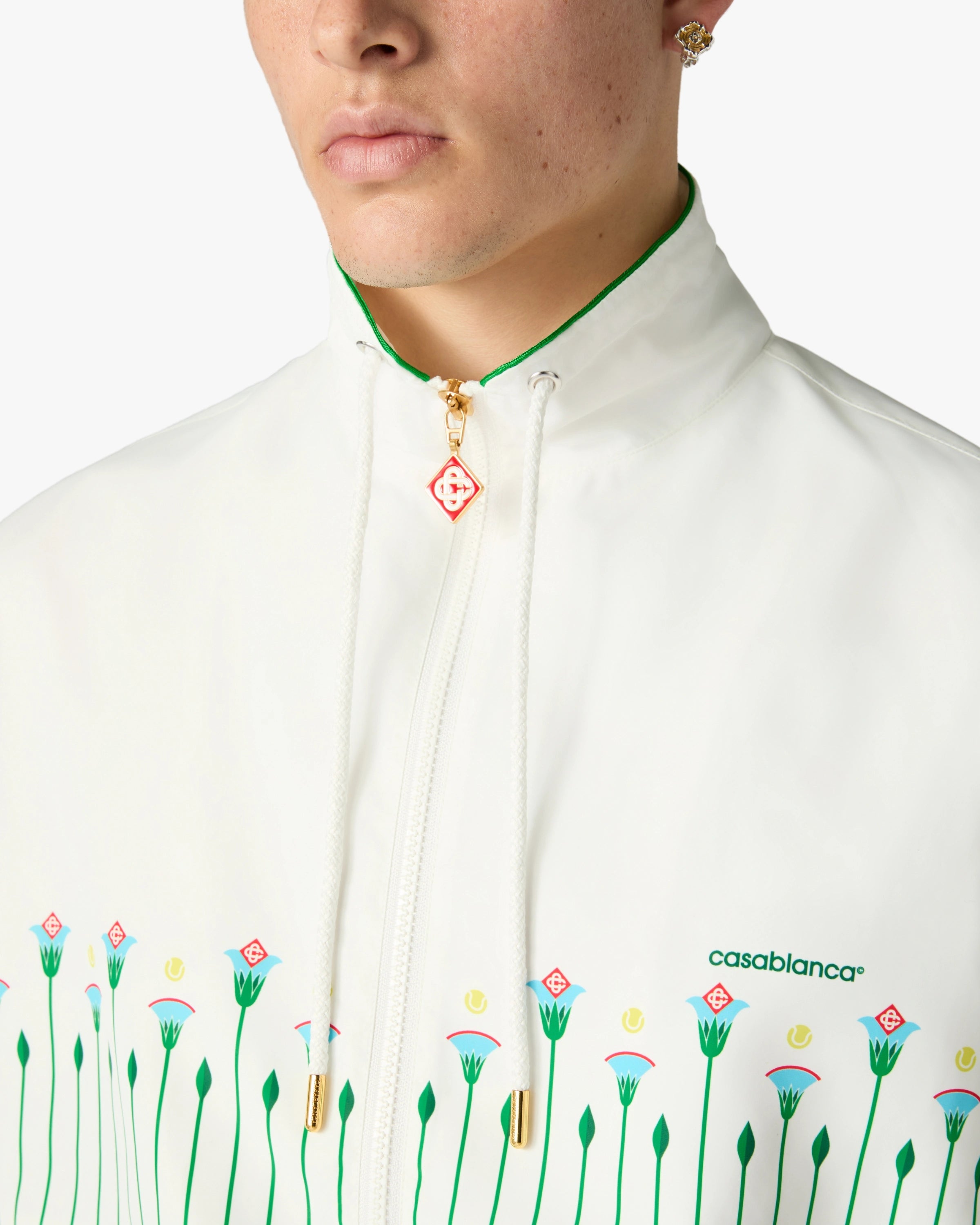 White & Green Floral Striped Sporty Windbreaker Jacket