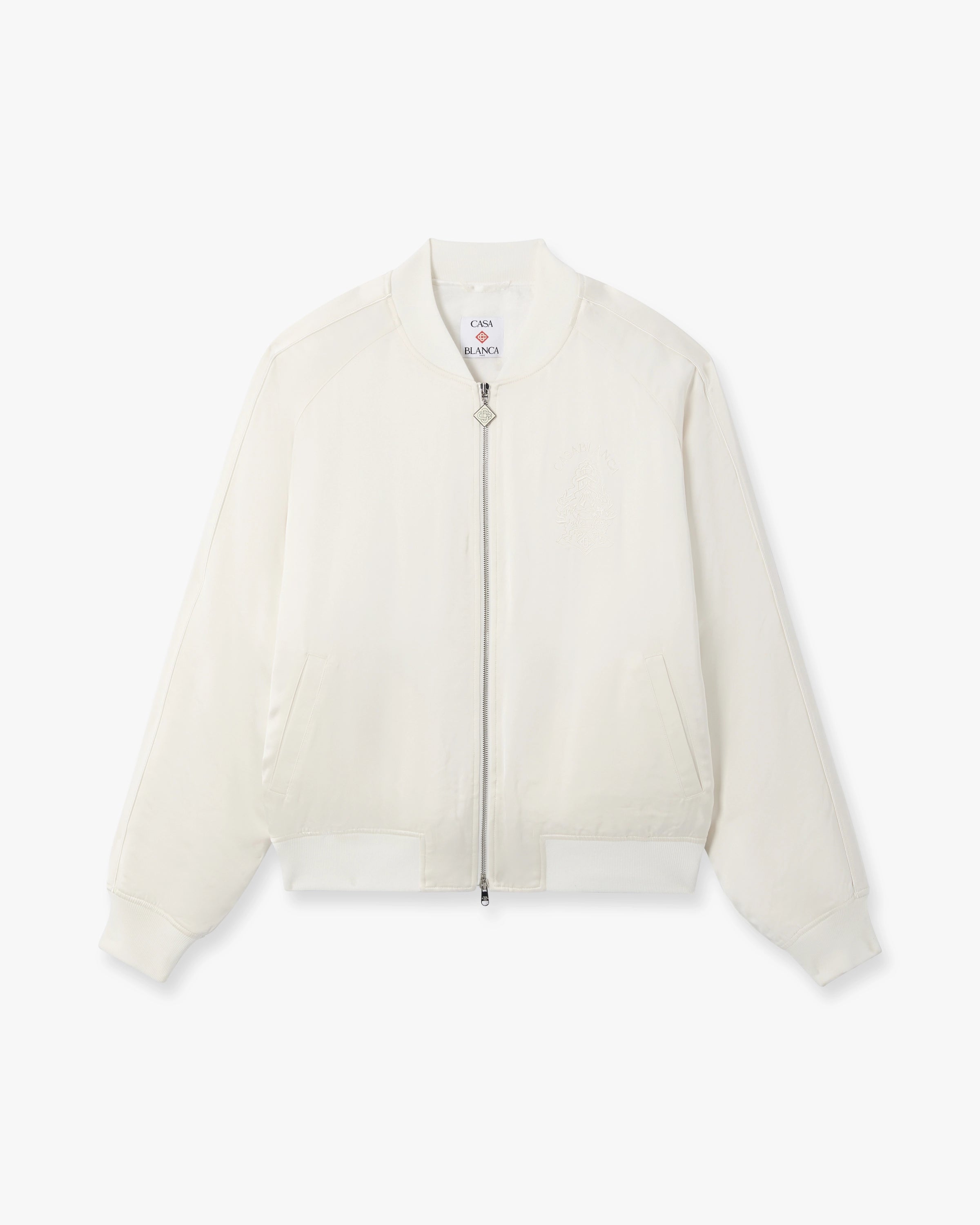 Off White Hotel Emblem Satin Bomber Jacket