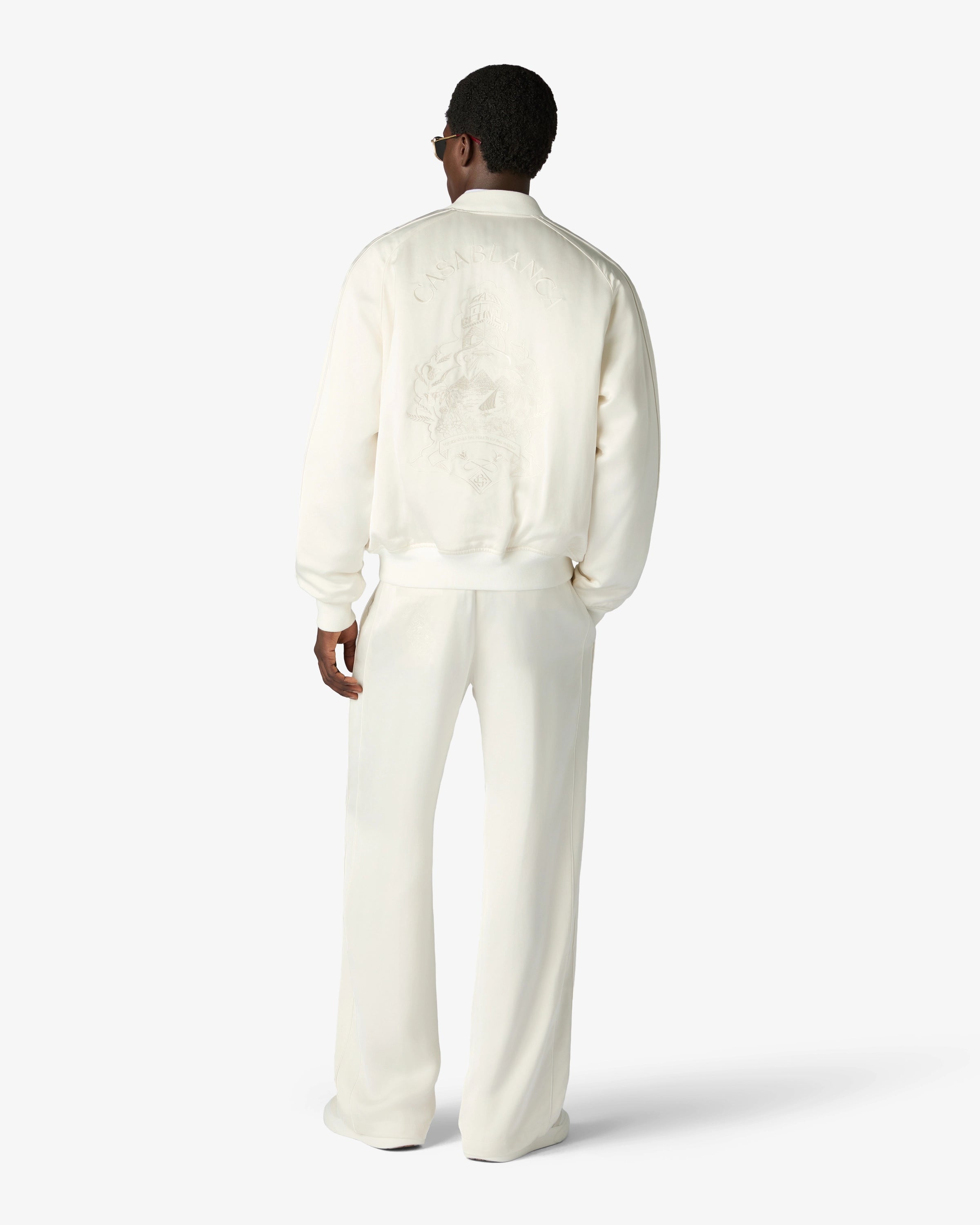 Off White Hotel Emblem Satin Bomber Jacket