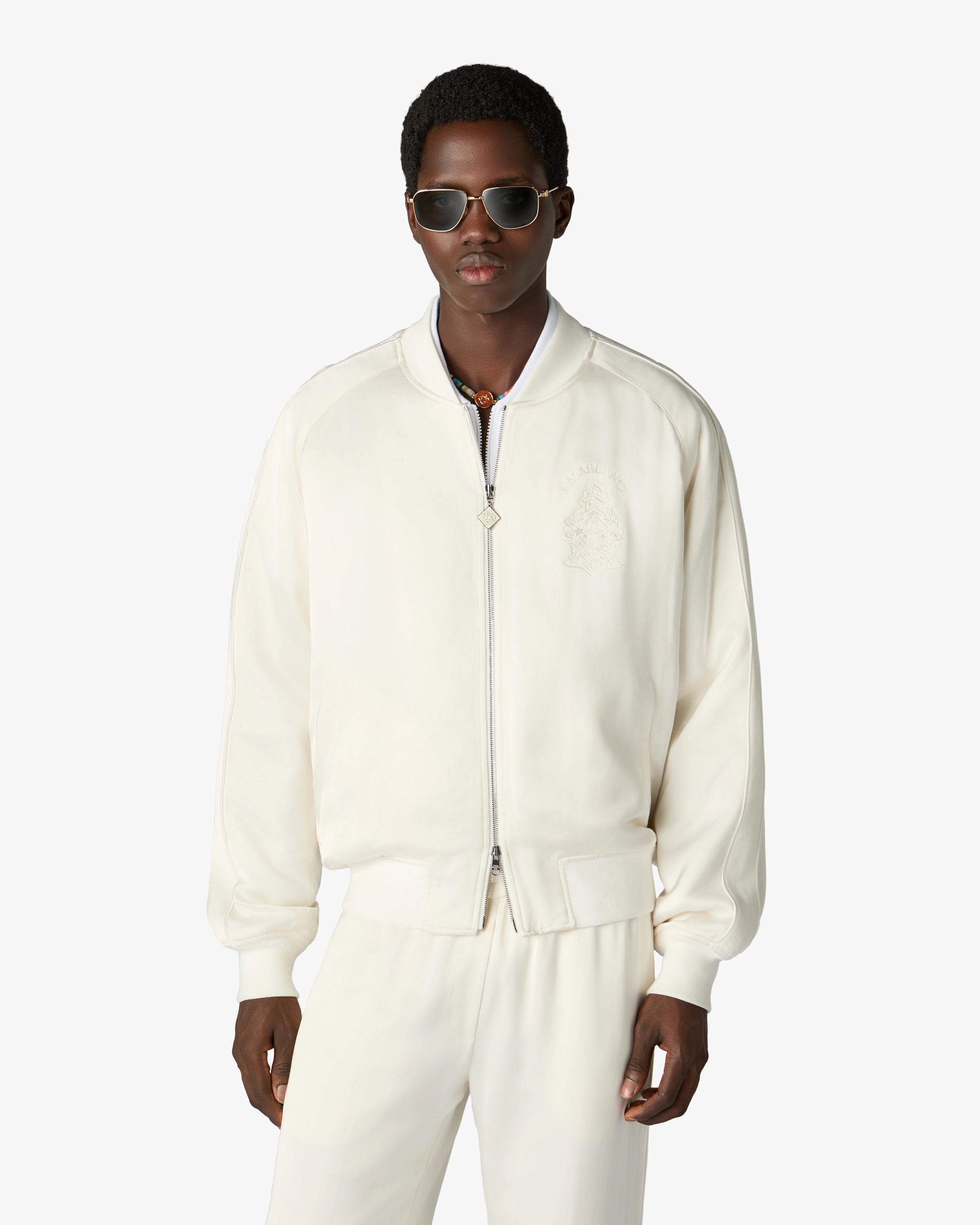 Off White Hotel Emblem Satin Bomber Jacket