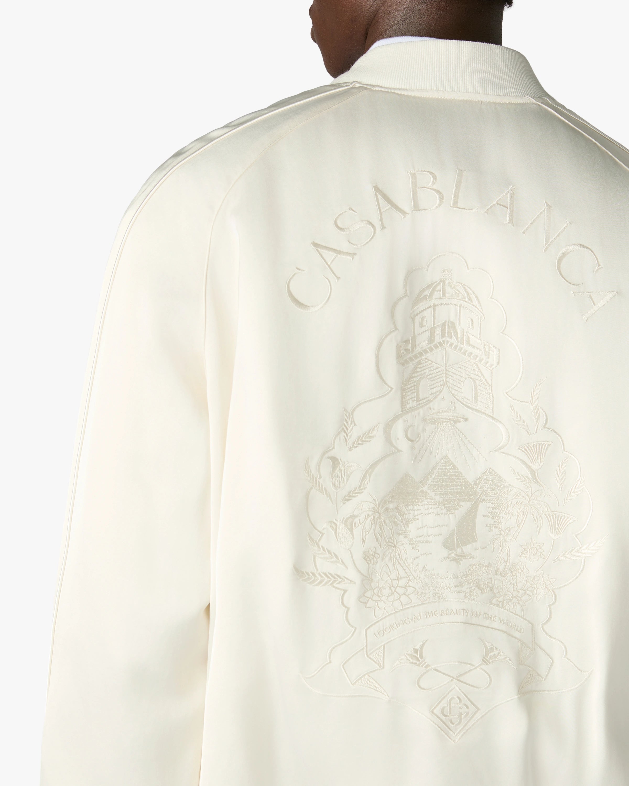 Off White Hotel Emblem Satin Bomber Jacket