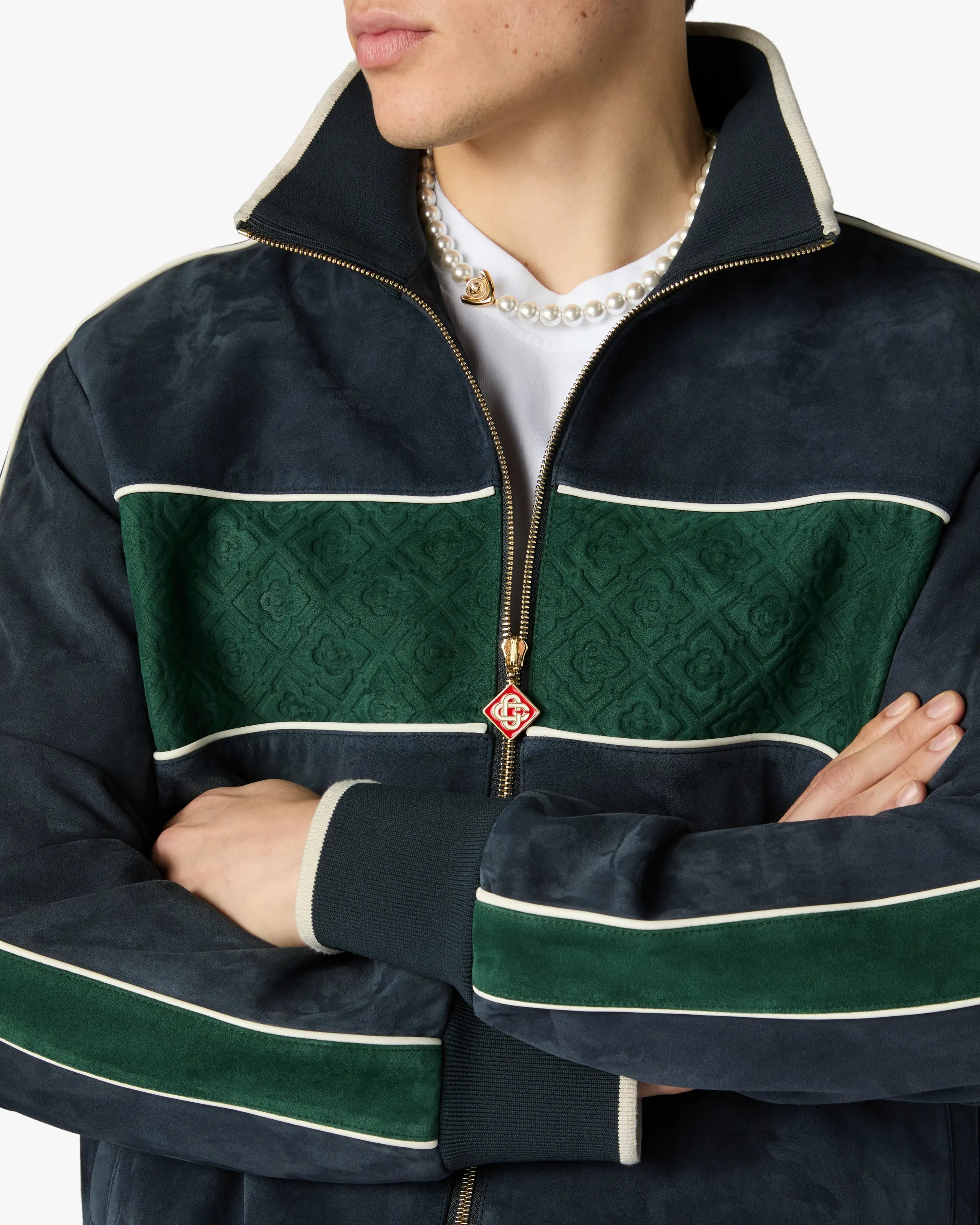 Navy & Green Suede Track Jacket