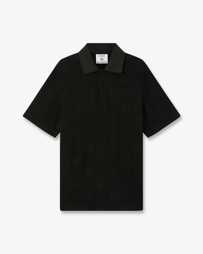 Black Applique Monogram Short Sleeve Polo Shirt