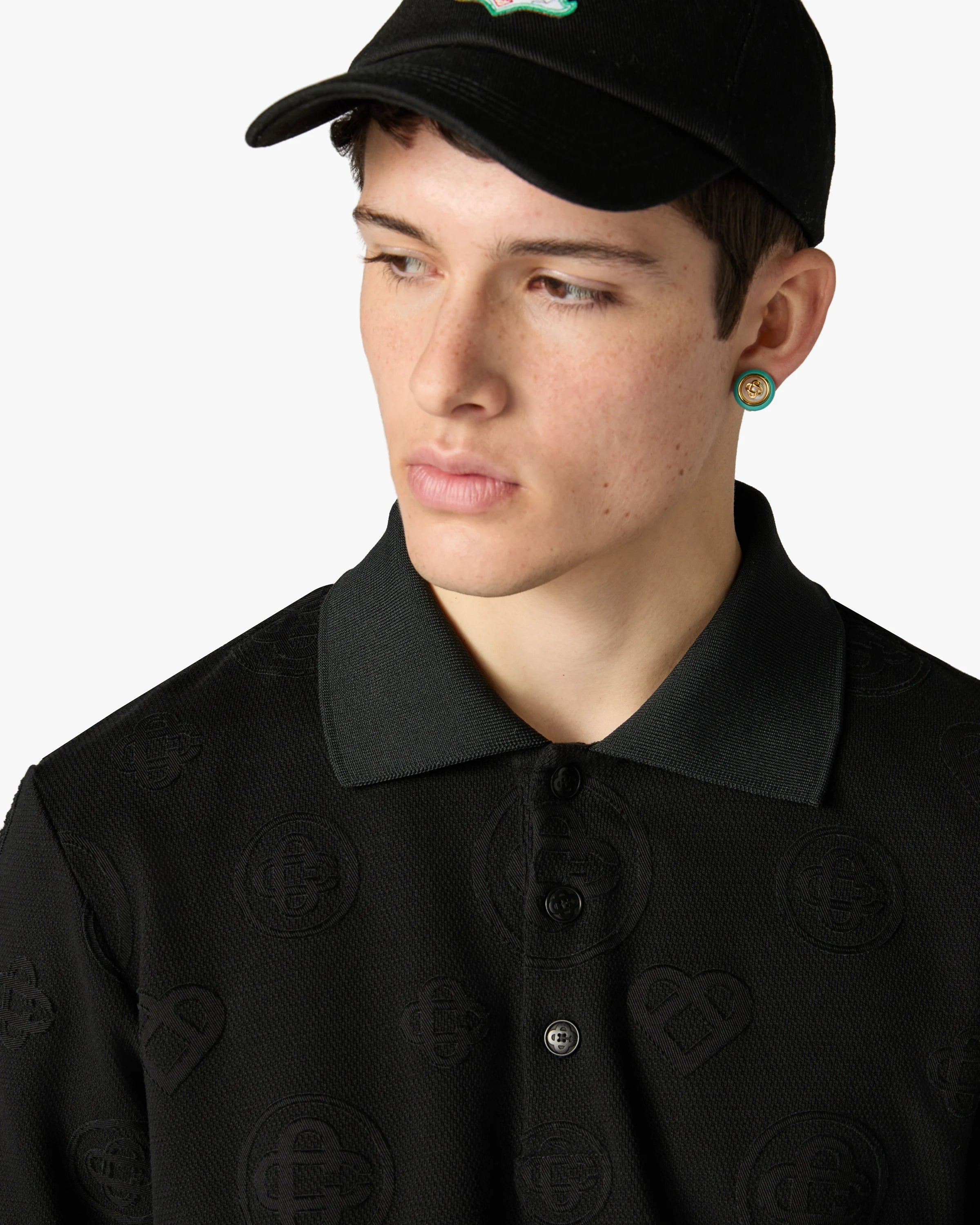Black Applique Monogram Short Sleeve Polo Shirt