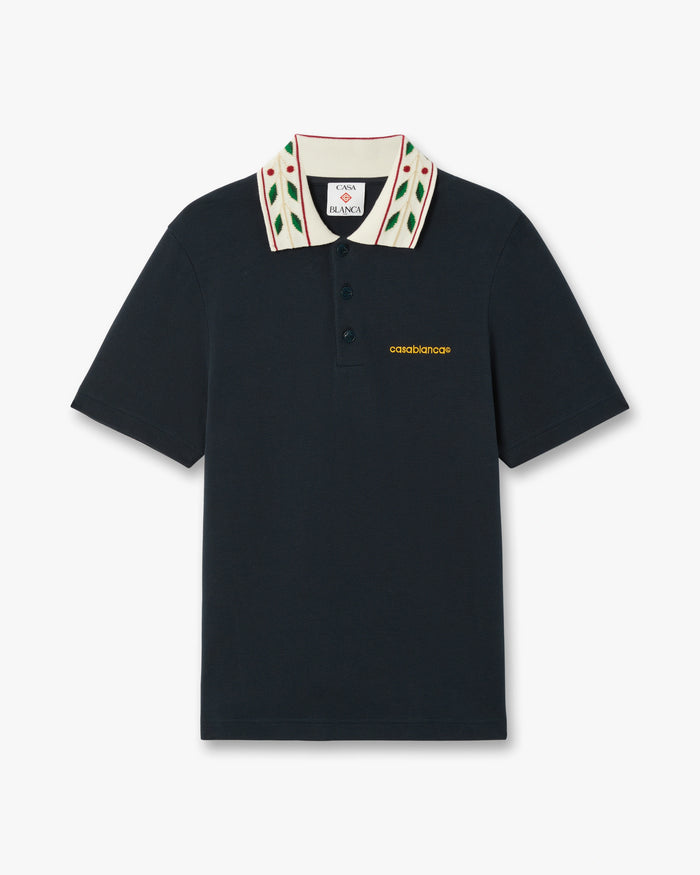 Navy Laurel Pique Short Sleeve Polo Shirt | Casablanca Paris