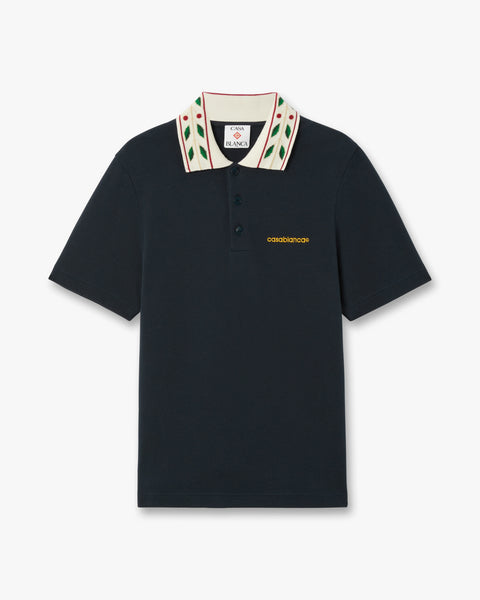 Navy Laurel Pique Short Sleeve Polo Shirt | Casablanca Paris