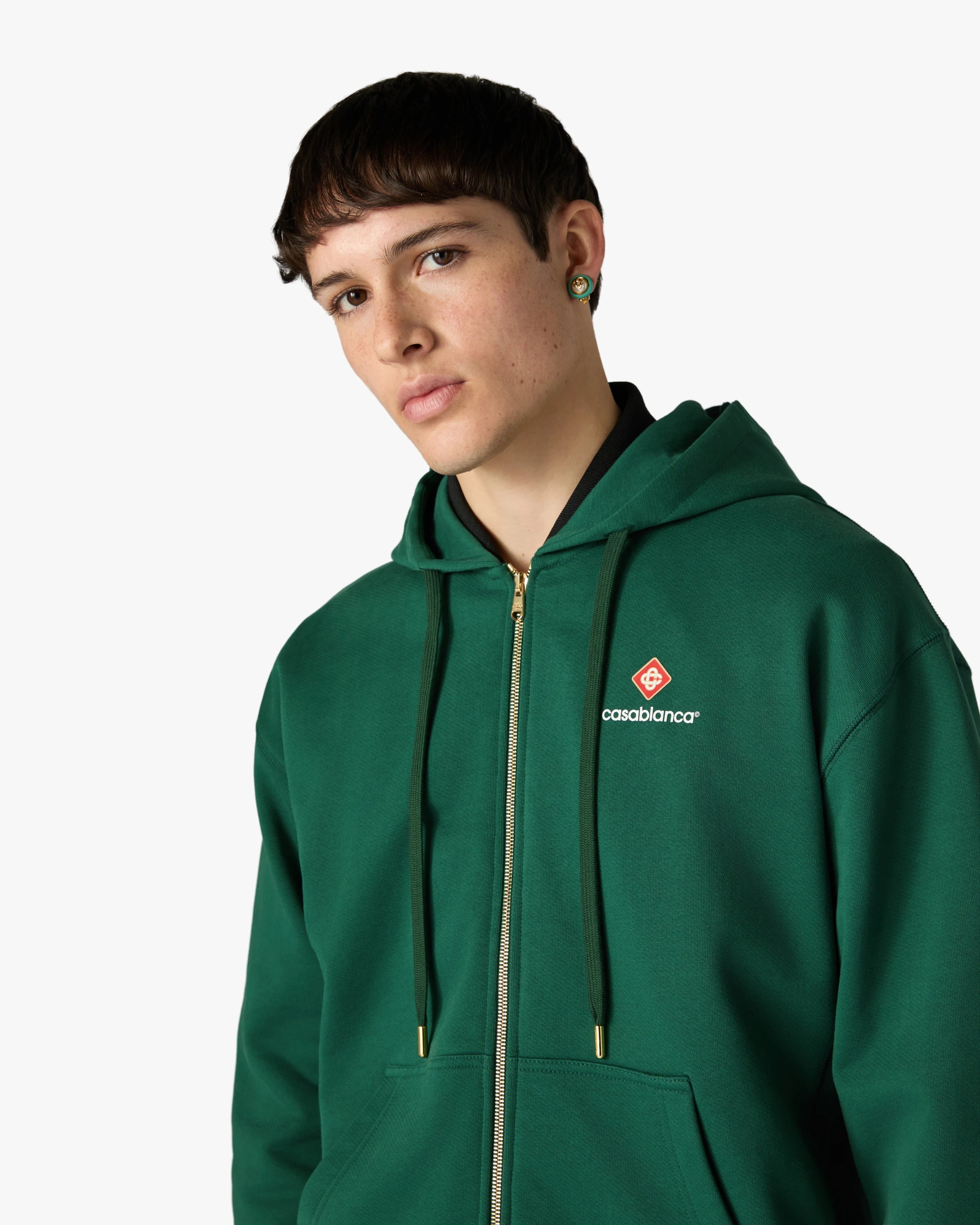 Green Sport Type Zip-Up Hooded Sweatshirt