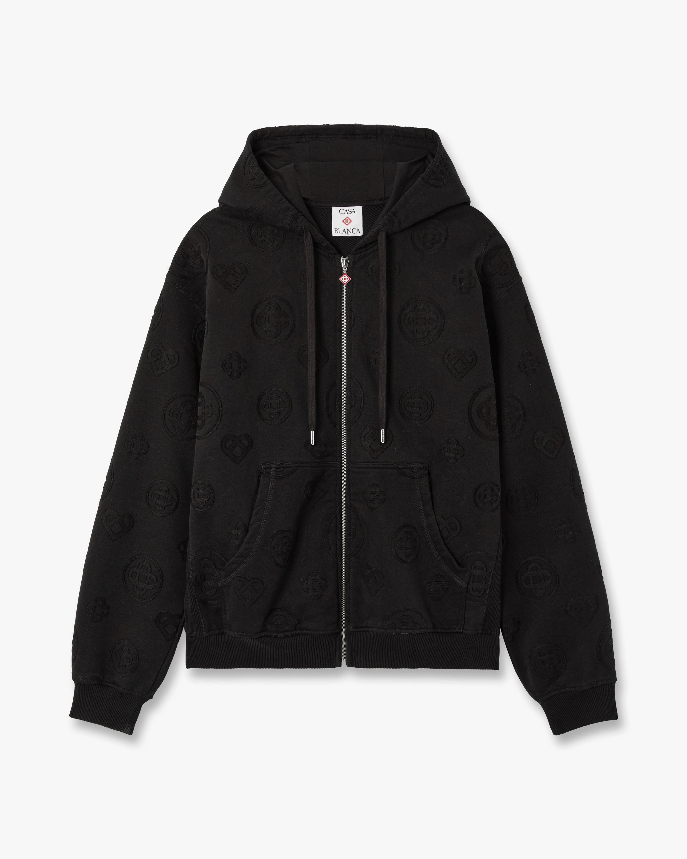 Black Applique Monogram Zip-Up Hooded Sweatshirt