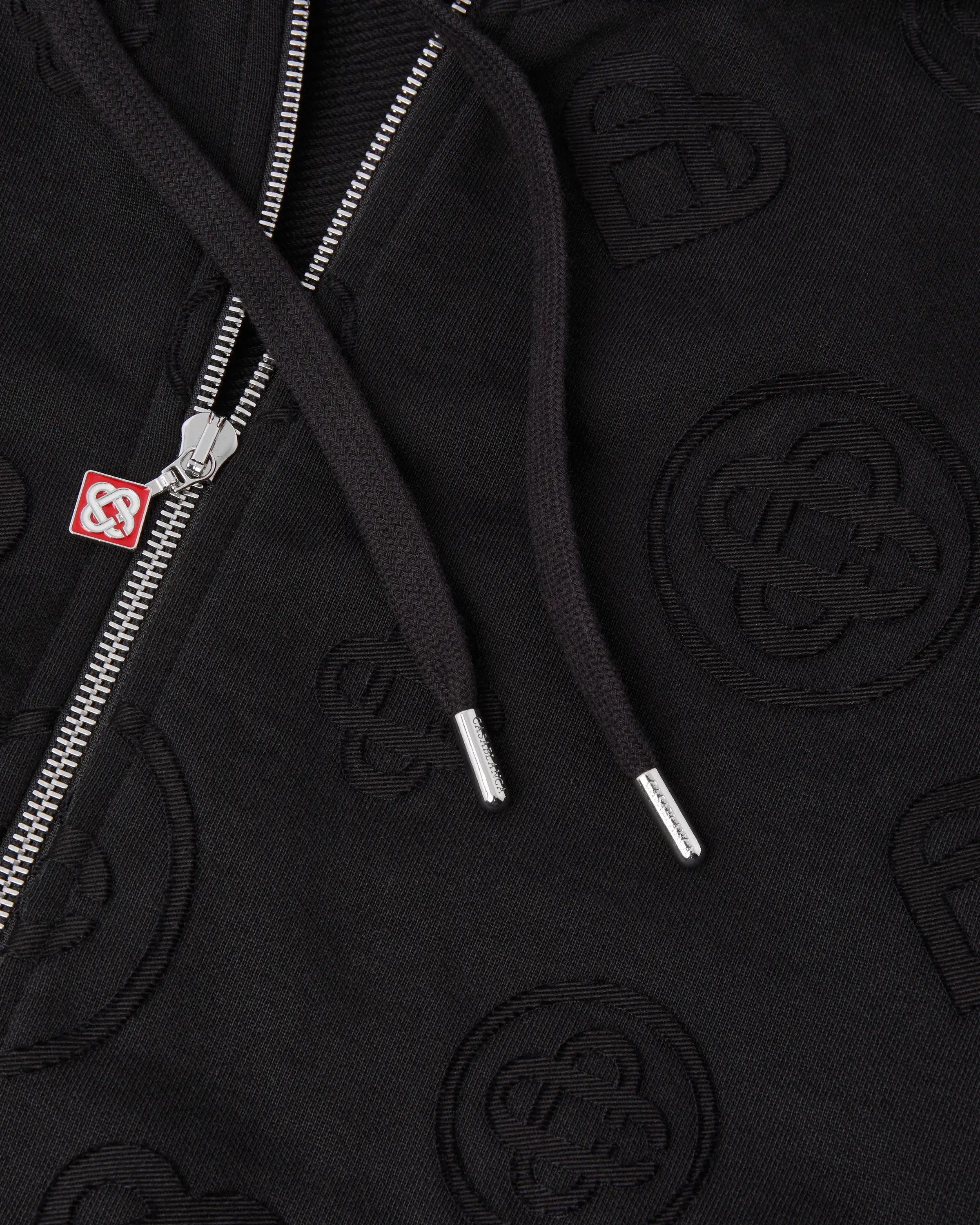 Black Applique Monogram Zip-Up Hooded Sweatshirt