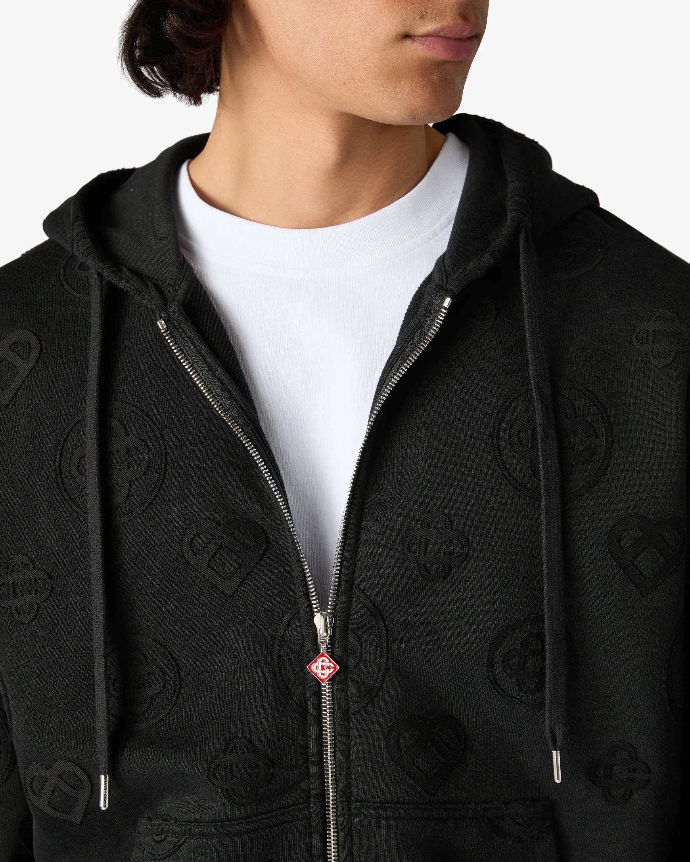 Black Applique Monogram Zip-Up Hooded Sweatshirt