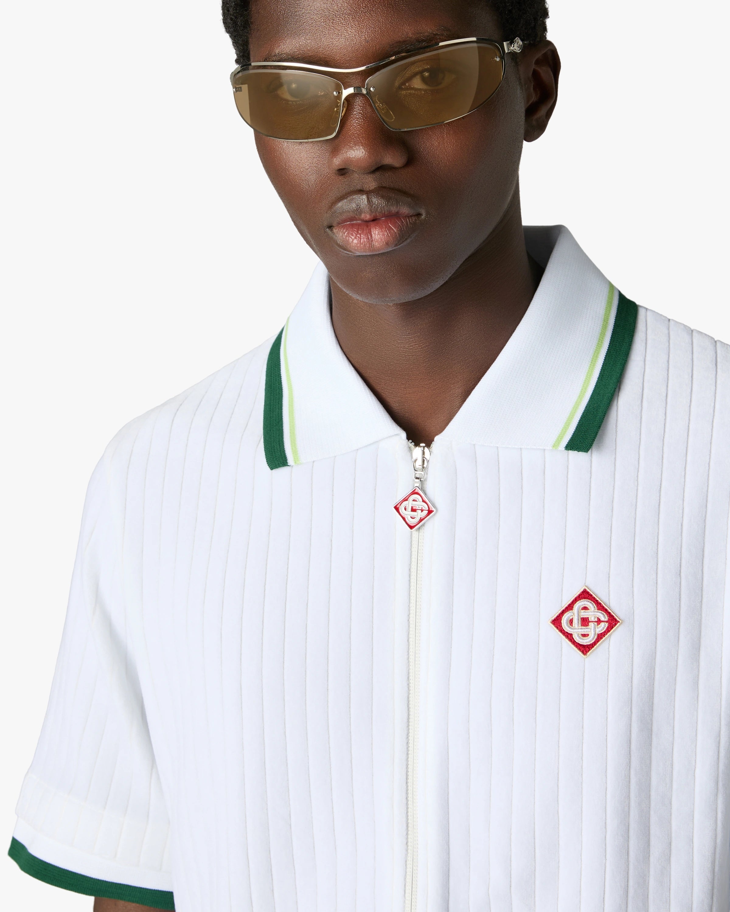 White Striped Velour Zip-Up Long Sleeve Shirt