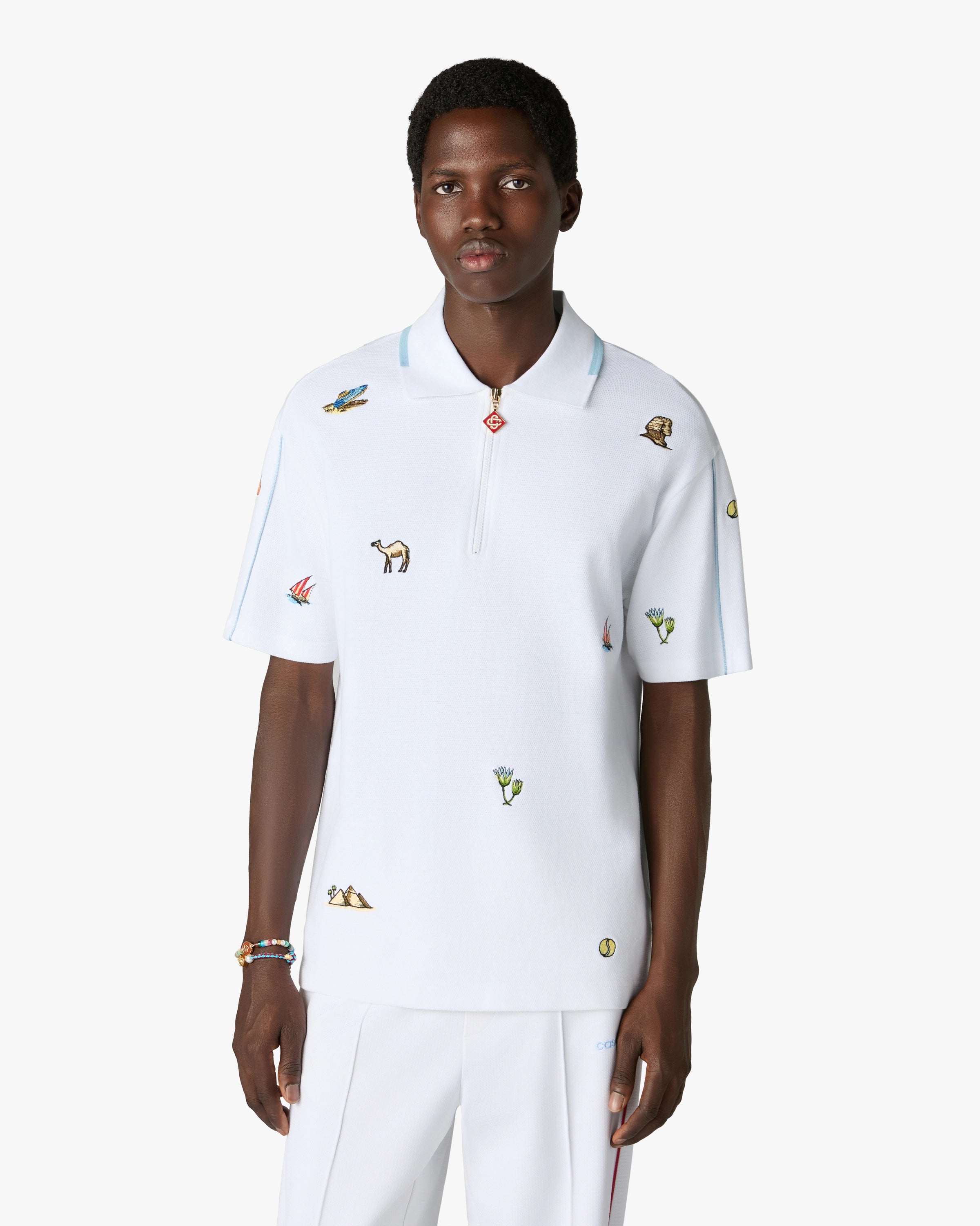 White Icon Quarter Zip Embroidered Short Sleeve Polo Shirt