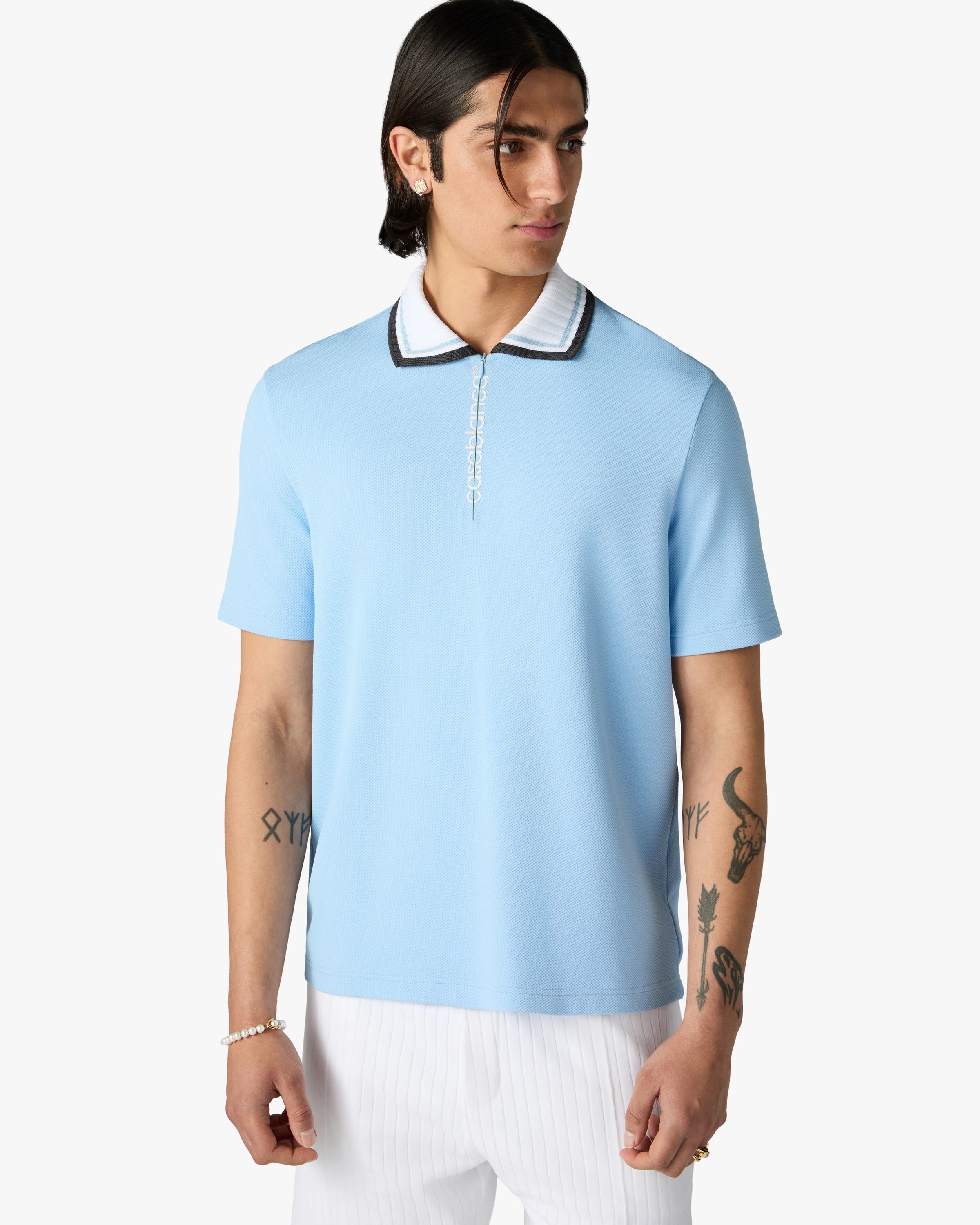Pale Blue Pique Quarter Zip Short Sleeve Polo Shirt