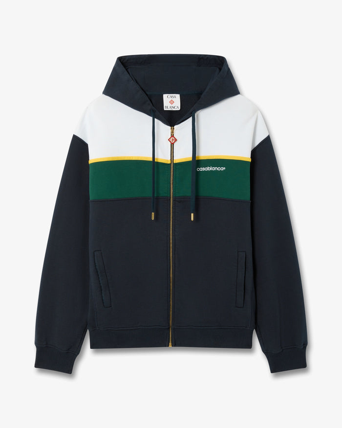 Navy & Green Panelled Zip-Up Hooded Sweatshirt