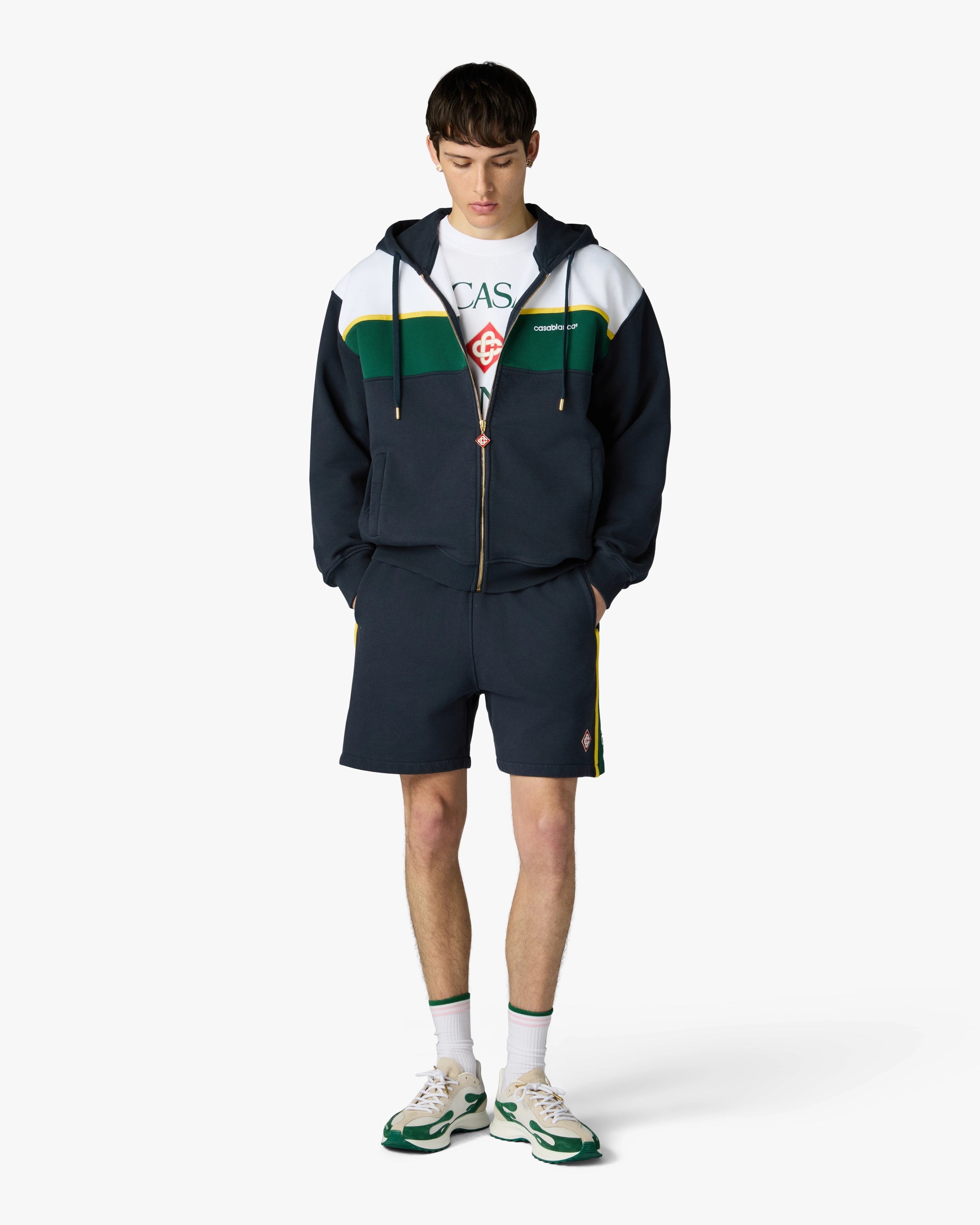 Navy & Green Panelled Zip-Up Hooded Sweatshirt