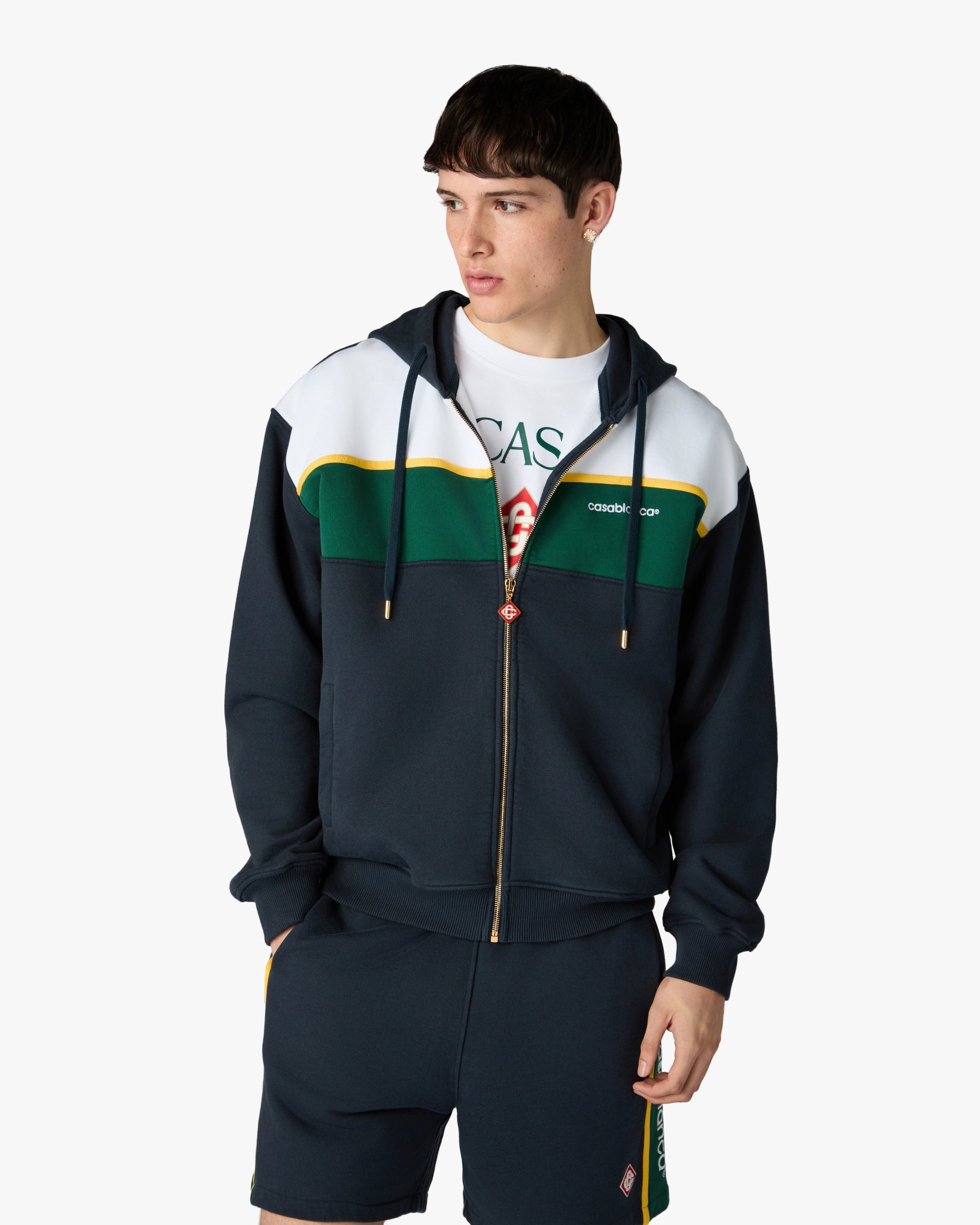 Navy & Green Panelled Zip-Up Hooded Sweatshirt