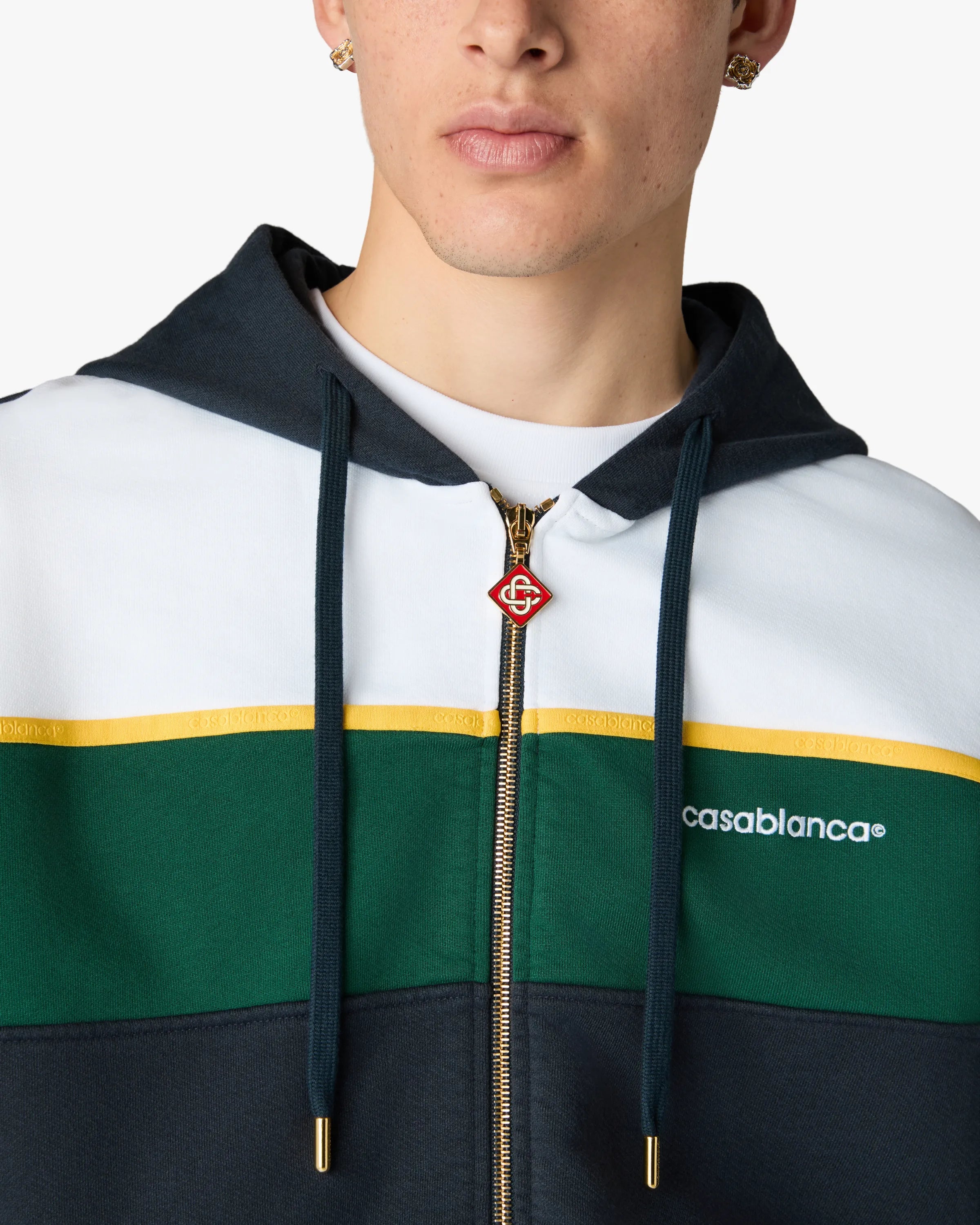 Navy & Green Panelled Zip-Up Hooded Sweatshirt