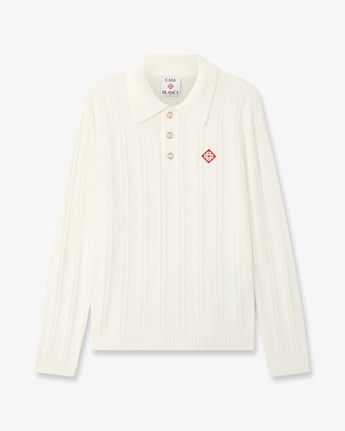 White Boucle Long Sleeve Polo Shirt