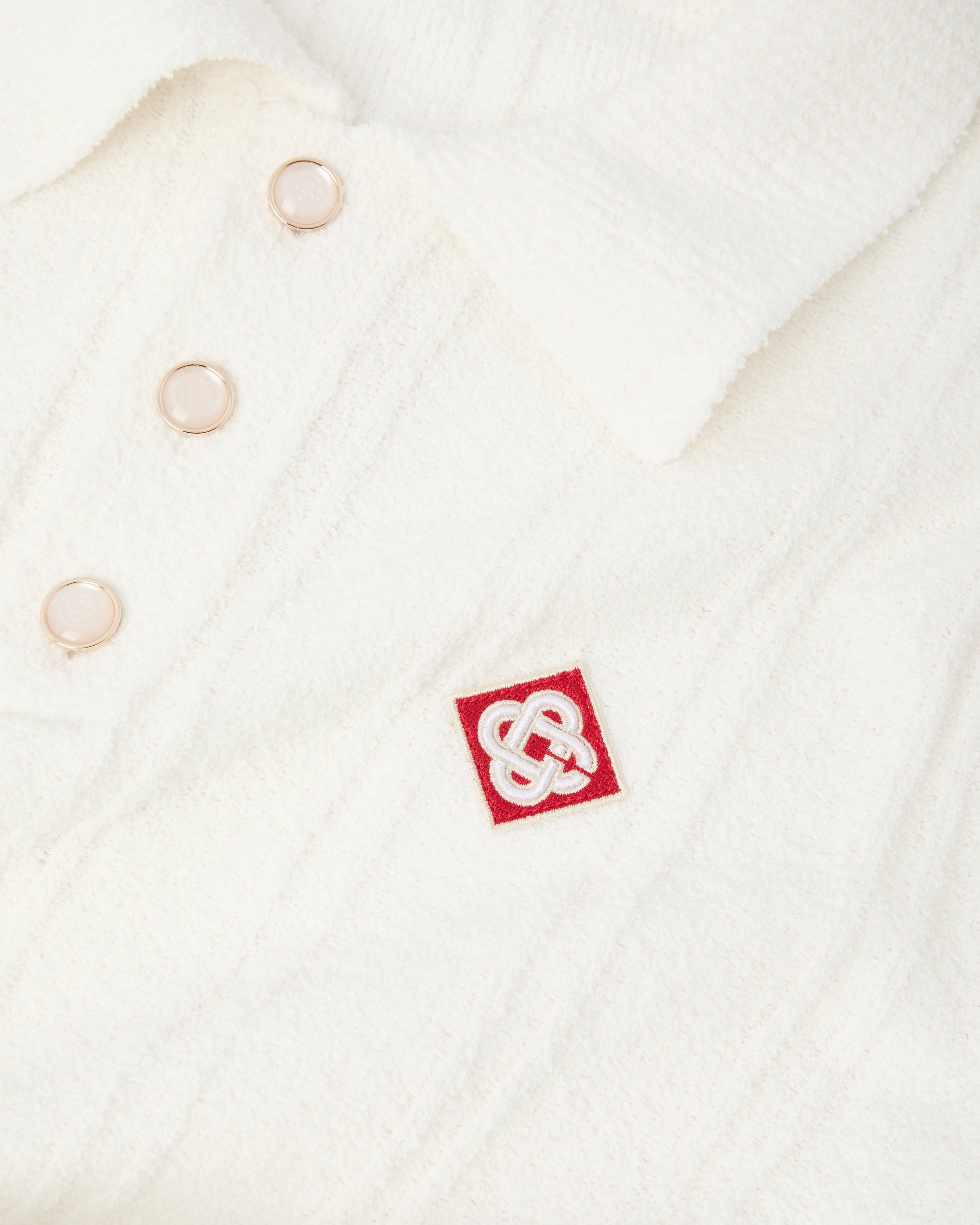 White Boucle Long Sleeve Polo Shirt