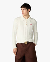White Boucle Long Sleeve Polo Shirt