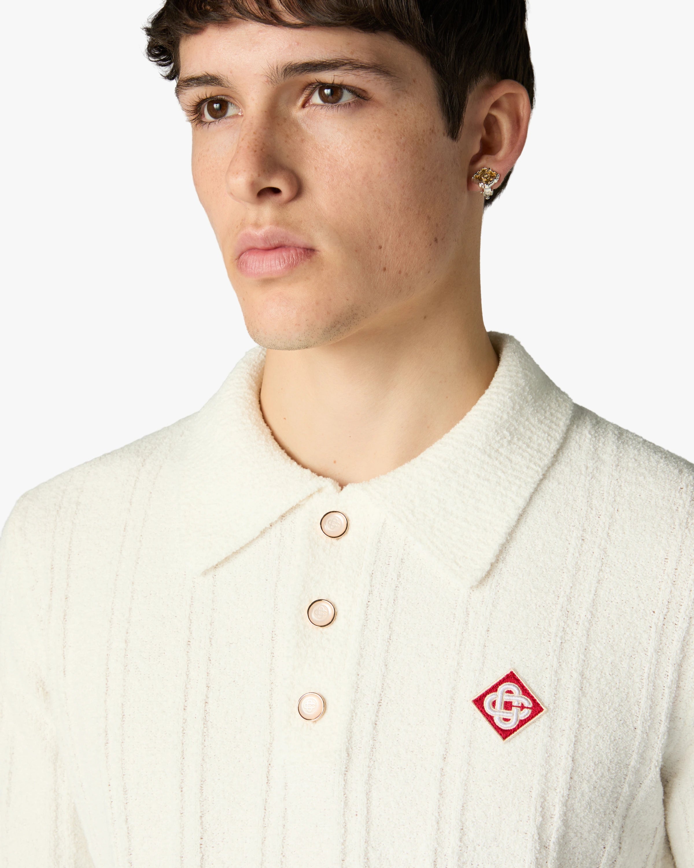White Boucle Long Sleeve Polo Shirt