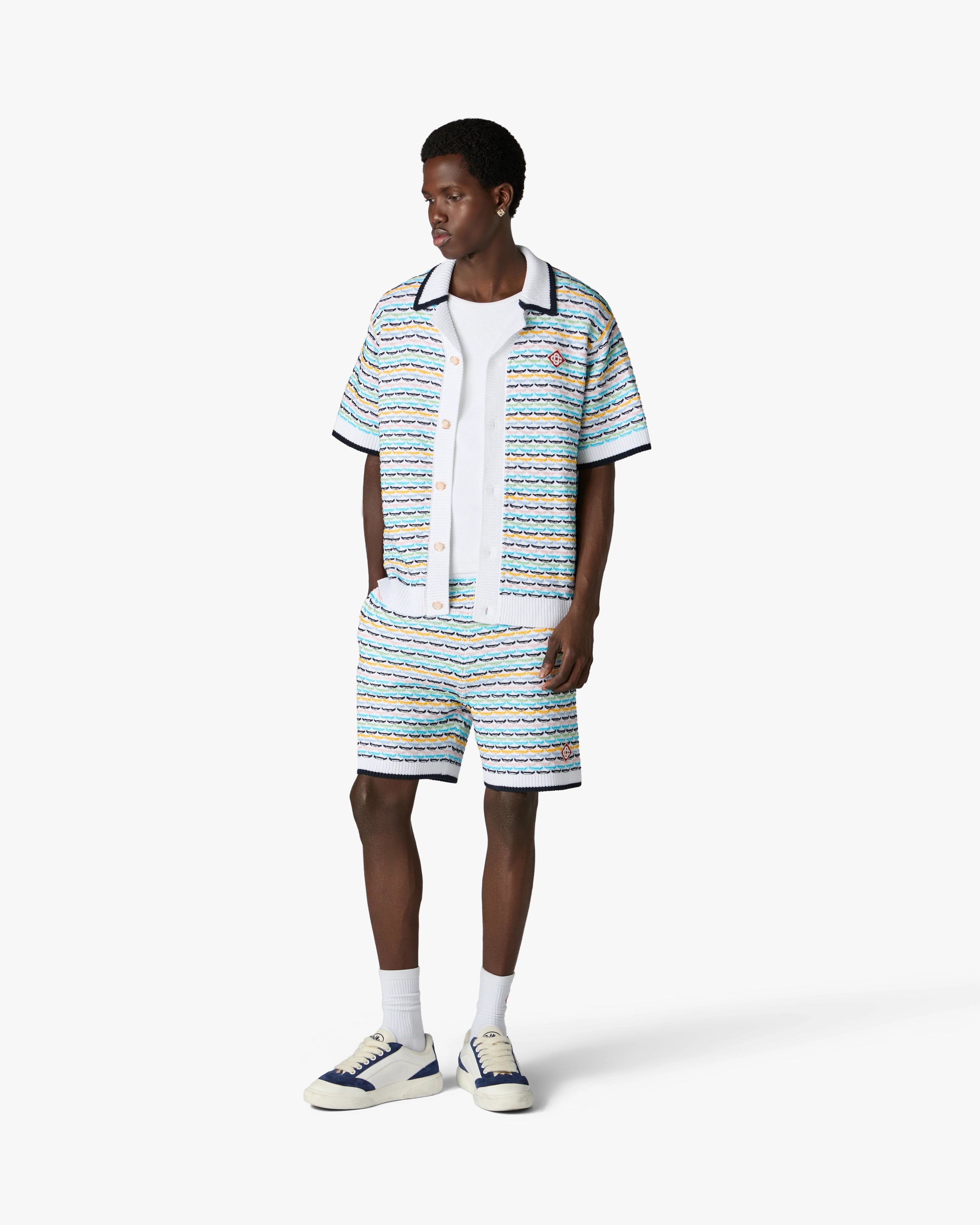 Multicolour Crochet Tuck Stitch Short Sleeve Shirt