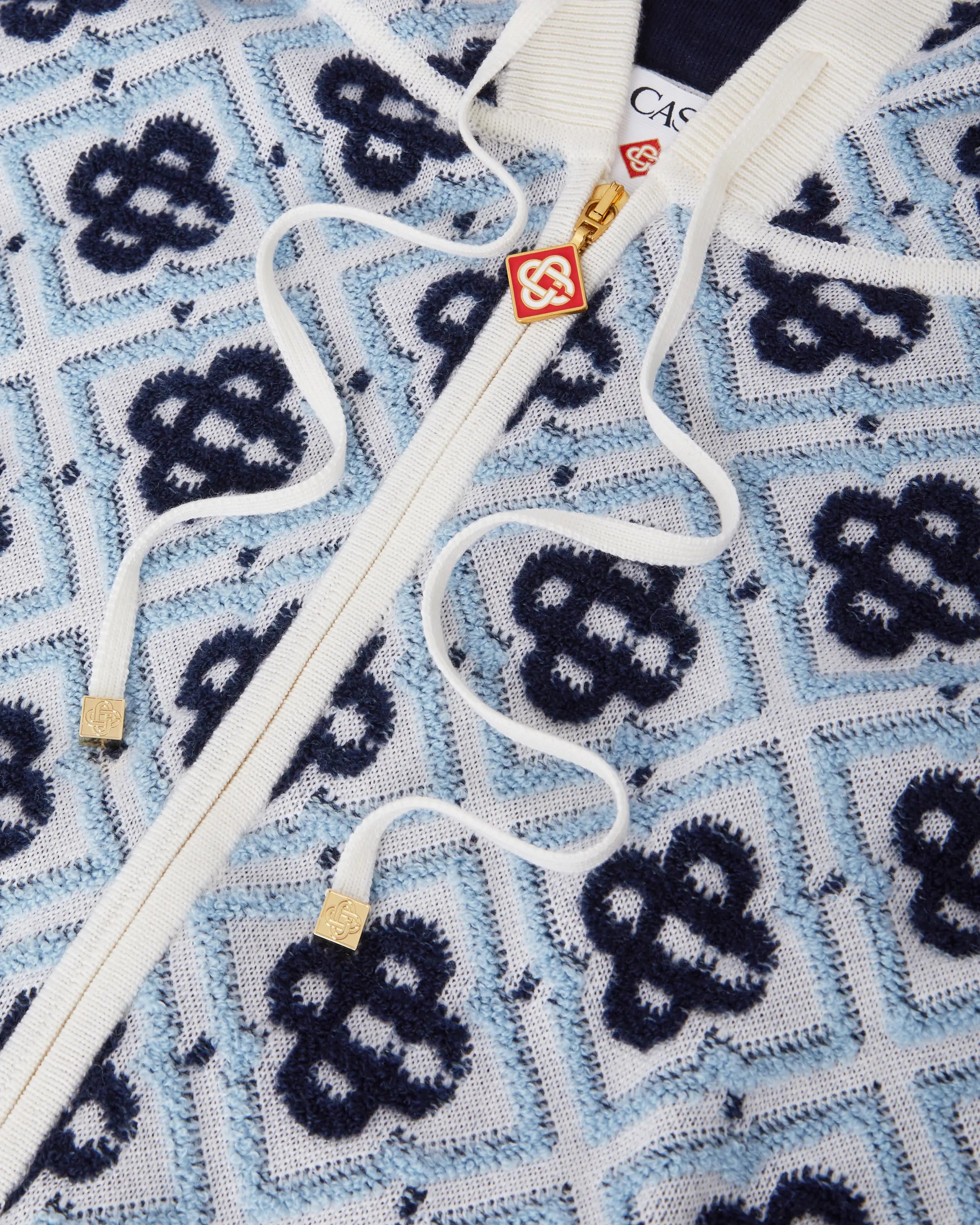 Blue Merino Monogram Zip-Up Hooded Sweatshirt