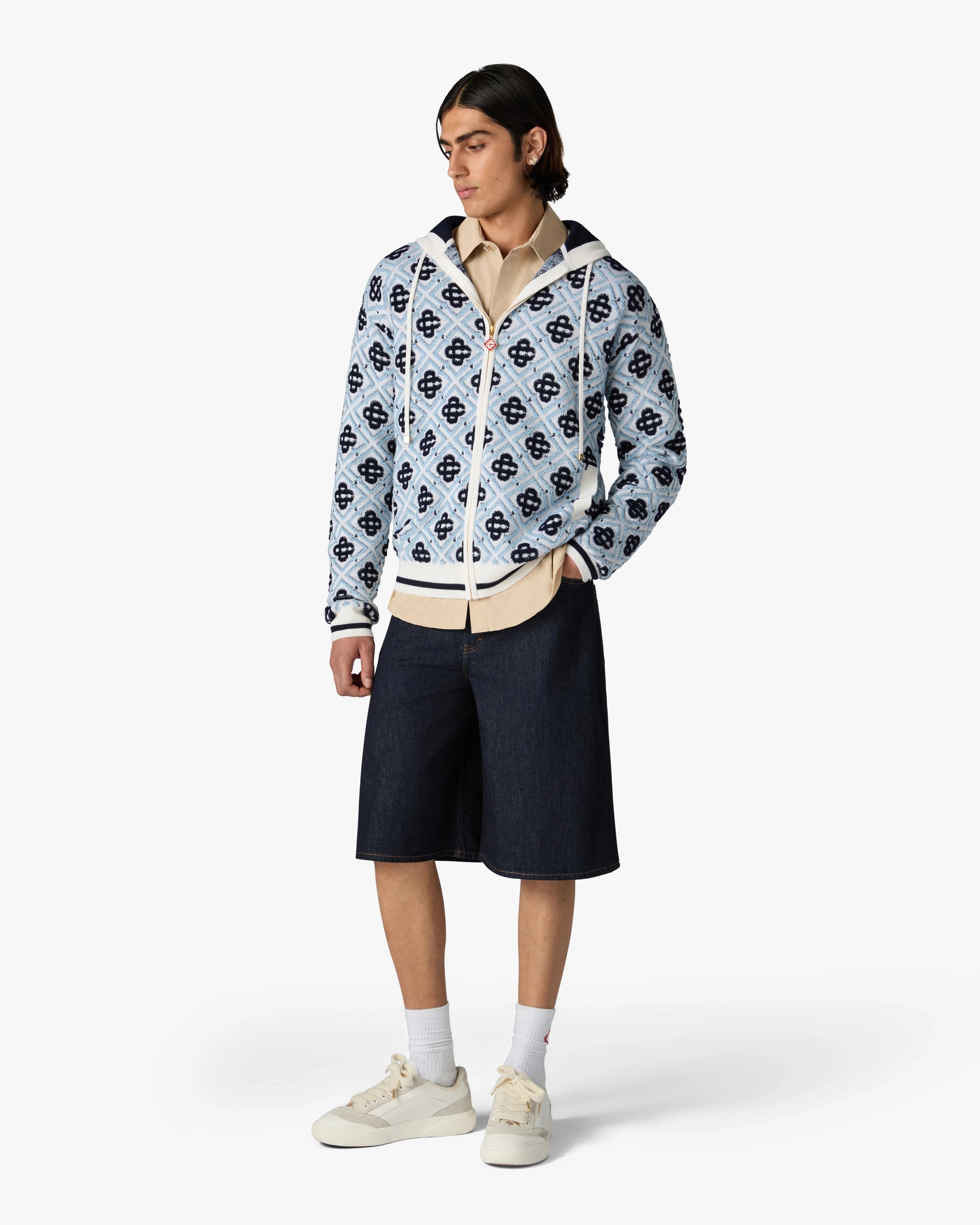 Blue Merino Monogram Zip-Up Hooded Sweatshirt