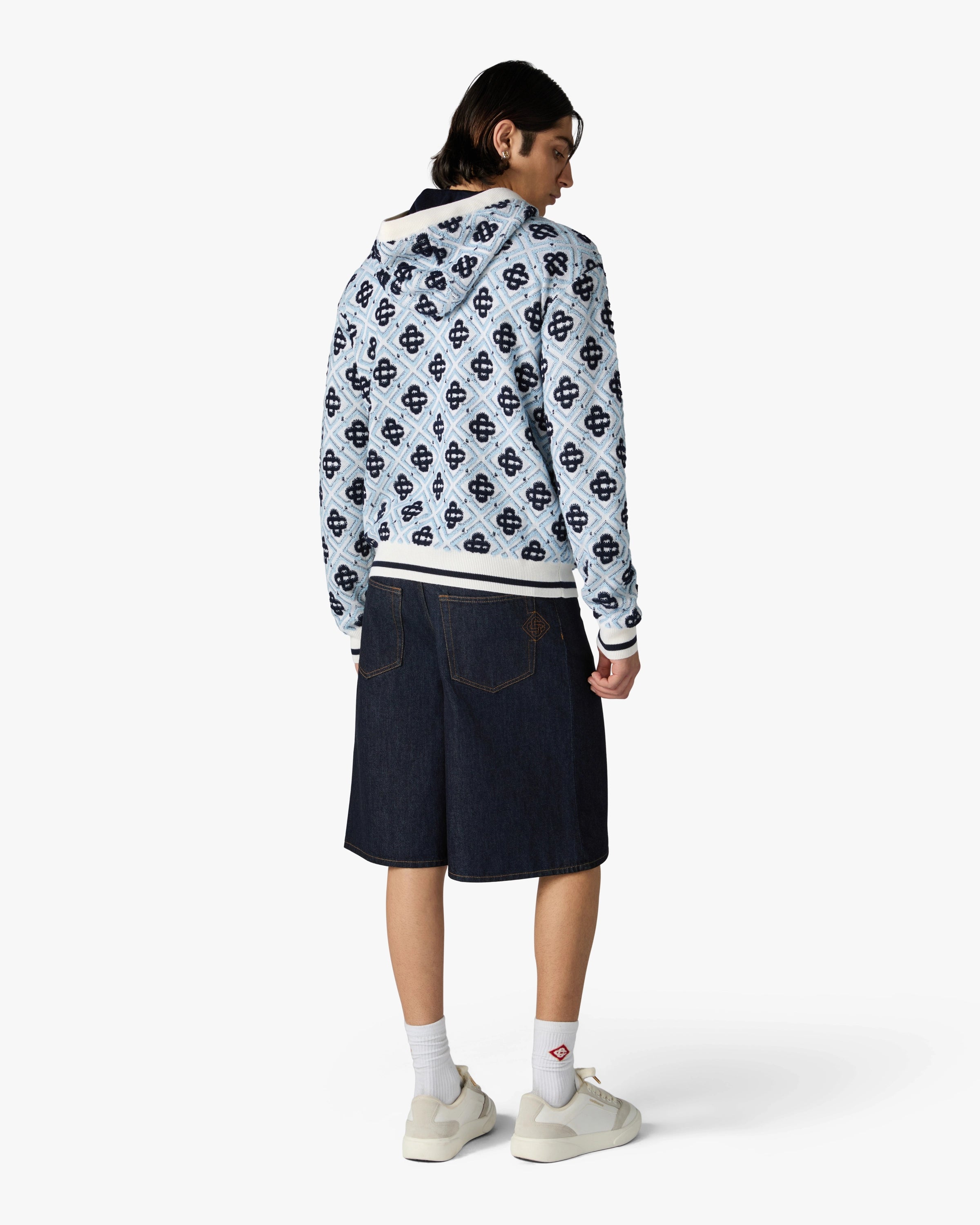 Blue Merino Monogram Zip-Up Hooded Sweatshirt