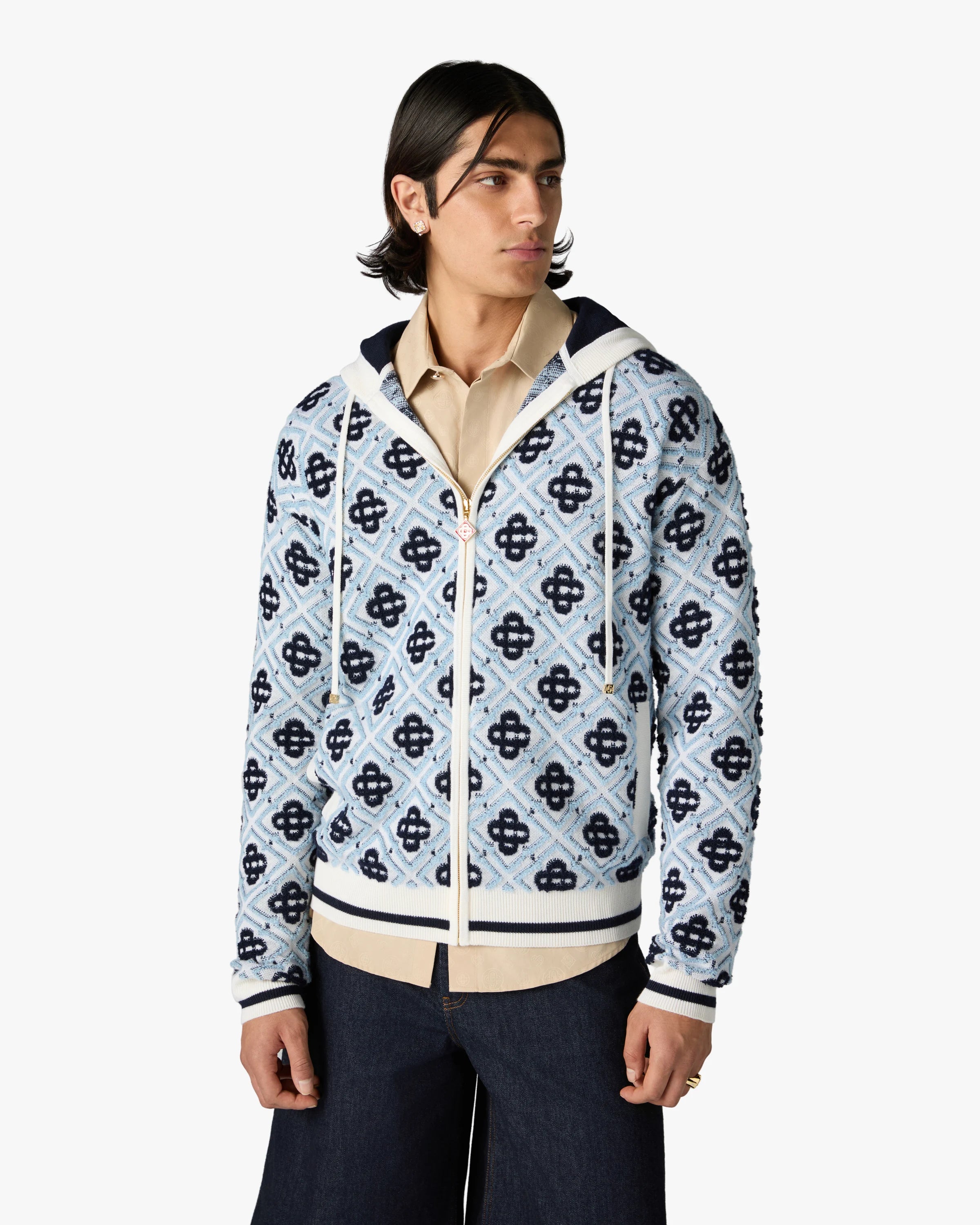 Blue Merino Monogram Zip-Up Hooded Sweatshirt
